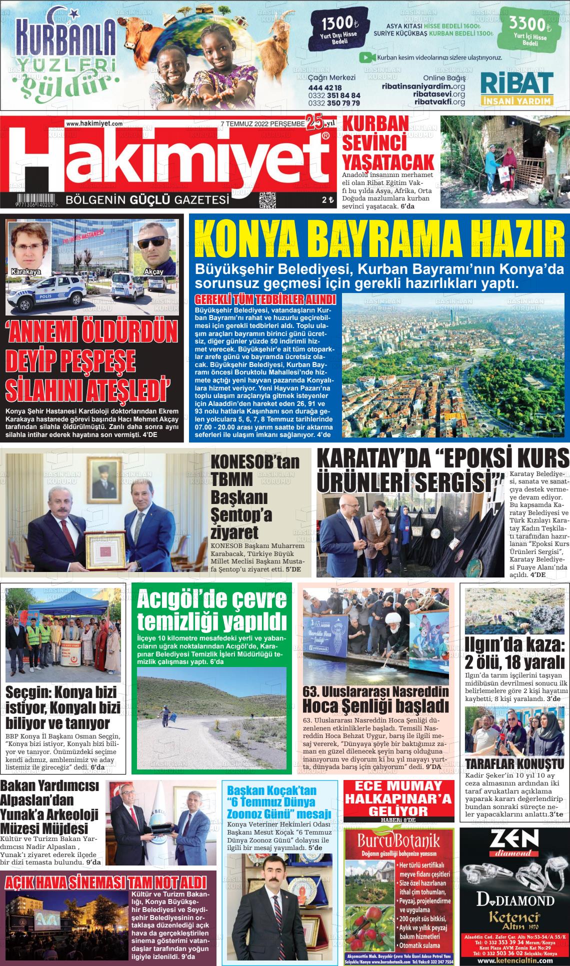 07 Temmuz 2022 Konya Hakimiyet Gazete Manşeti