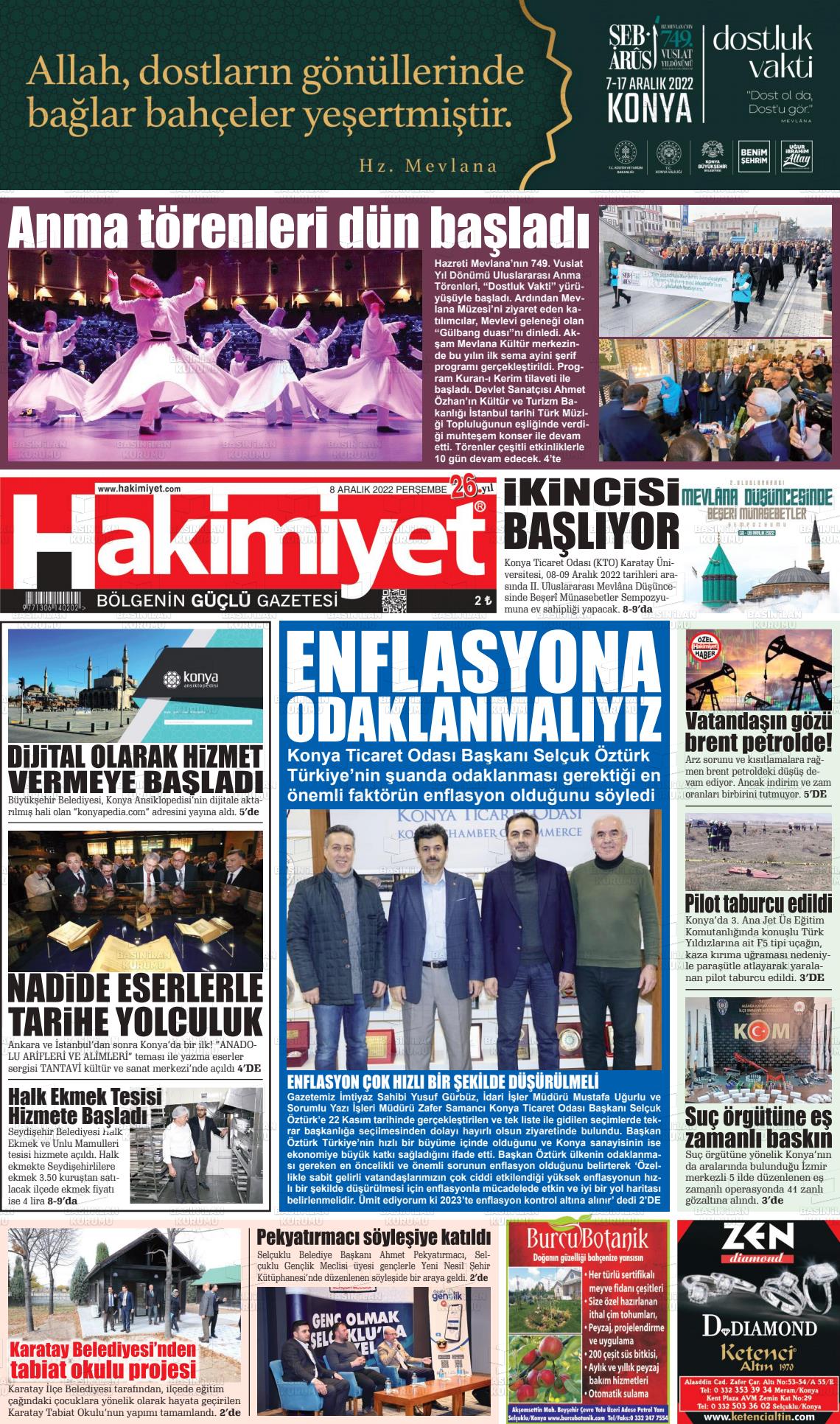 08 Aralık 2022 Konya Hakimiyet Gazete Manşeti