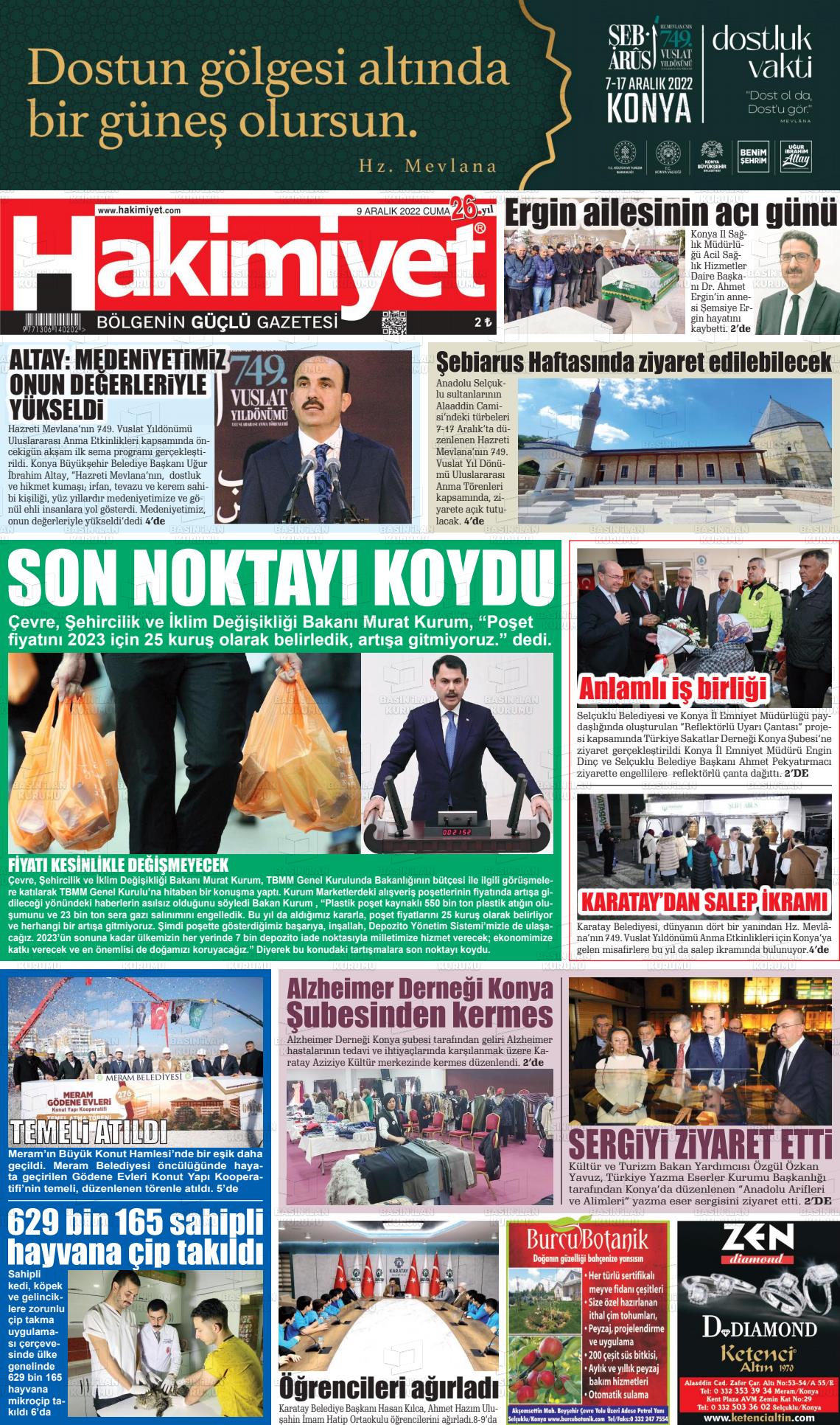 09 Aralık 2022 Konya Hakimiyet Gazete Manşeti