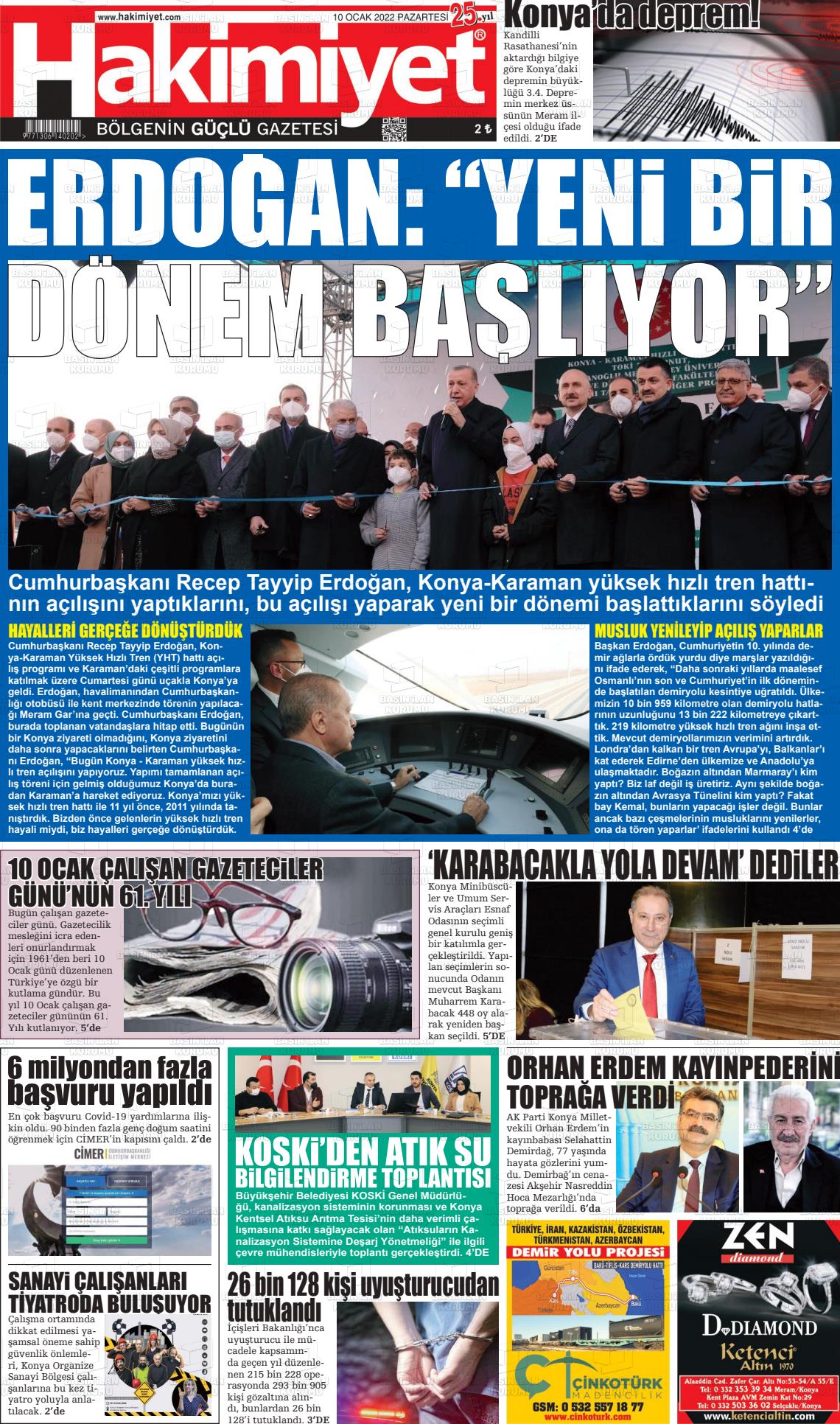 10 Ocak 2022 Konya Hakimiyet Gazete Manşeti