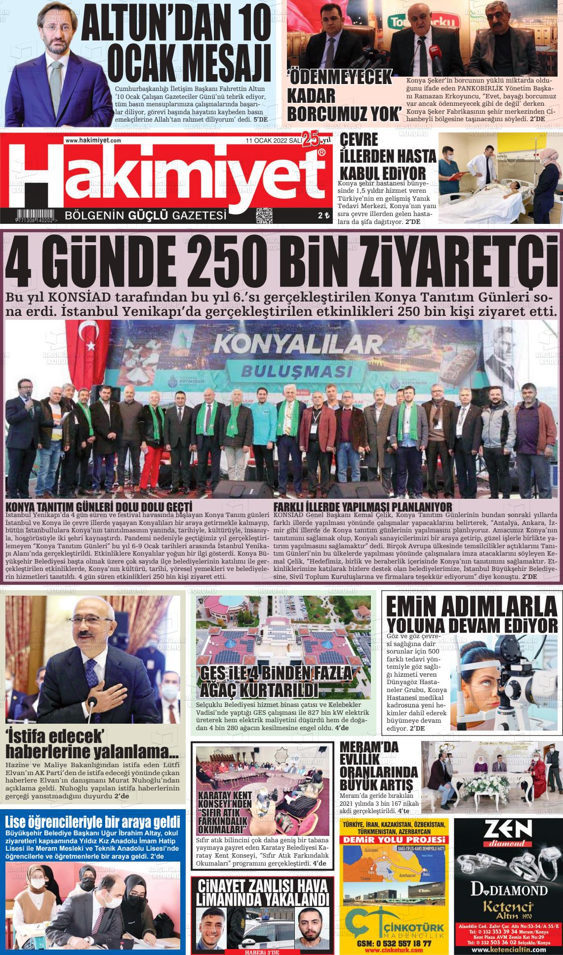 11 Ocak 2022 Konya Hakimiyet Gazete Manşeti