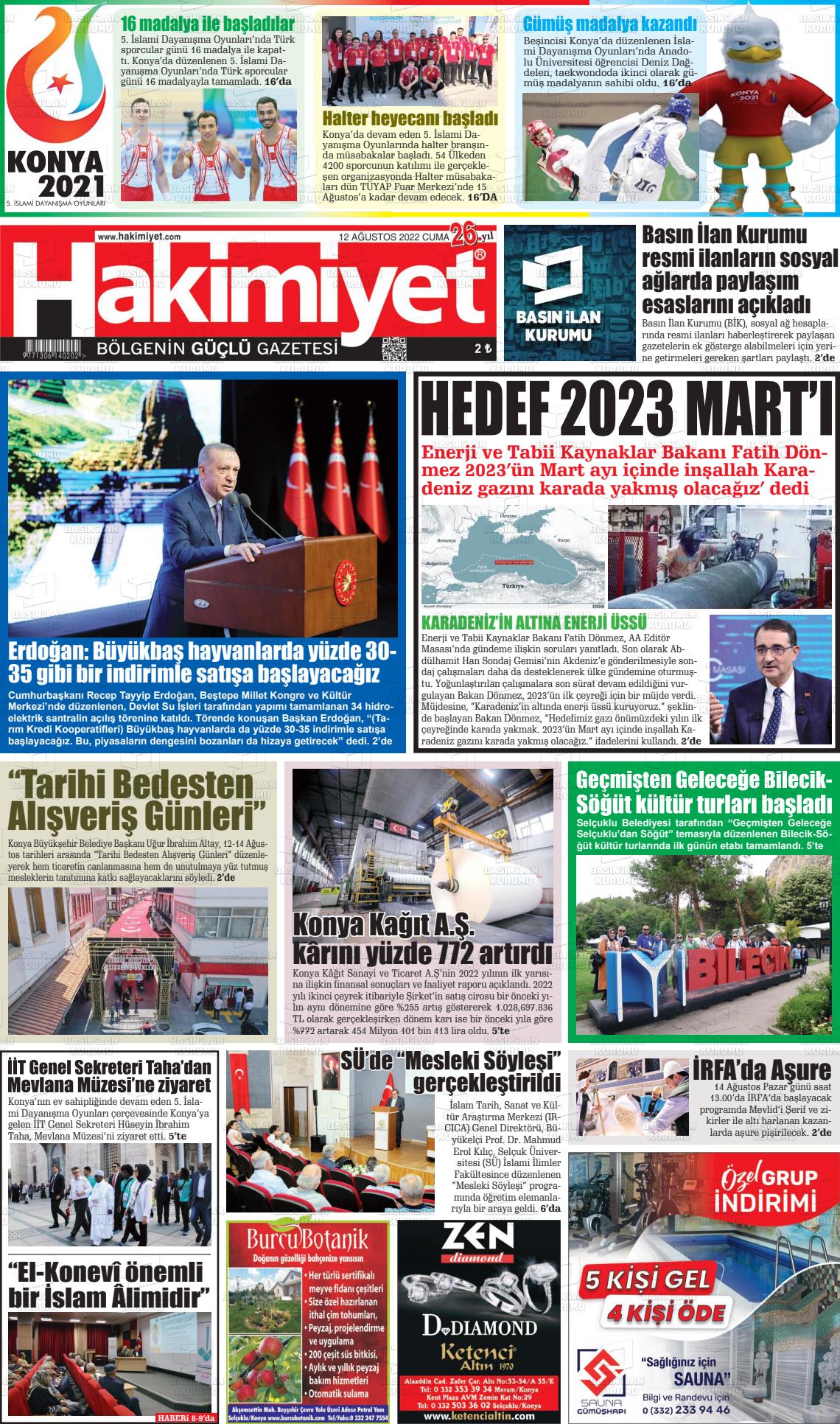 12 Ağustos 2022 Konya Hakimiyet Gazete Manşeti