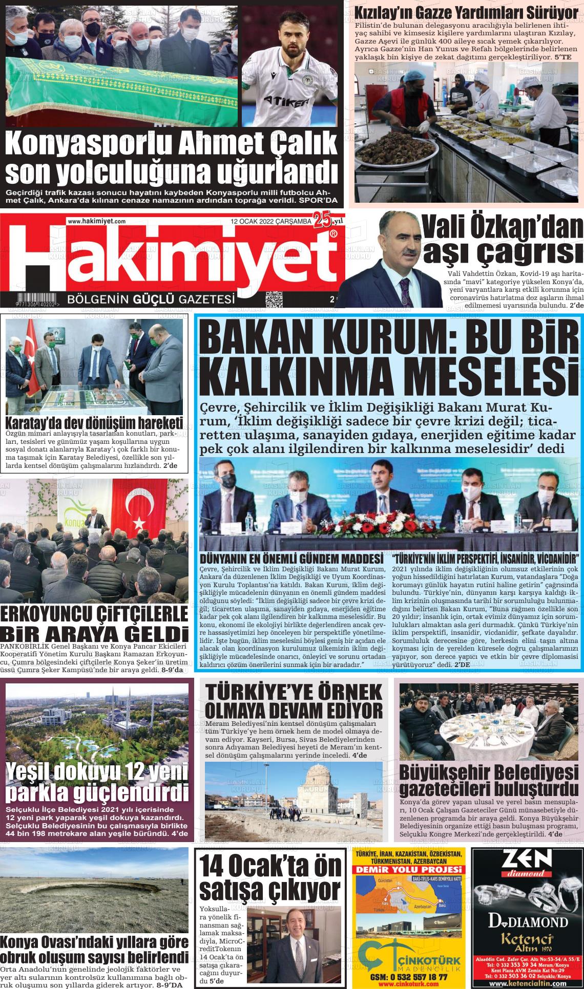 12 Ocak 2022 Konya Hakimiyet Gazete Manşeti