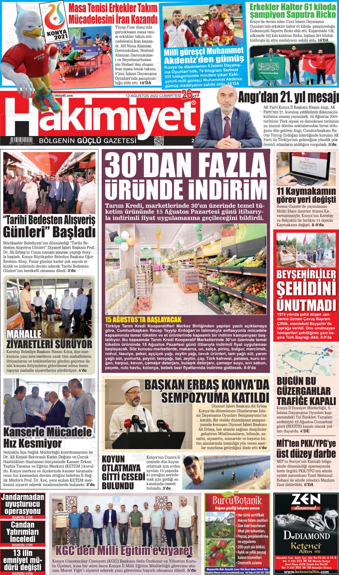 13 Ağustos 2022 Konya Hakimiyet Gazete Manşeti