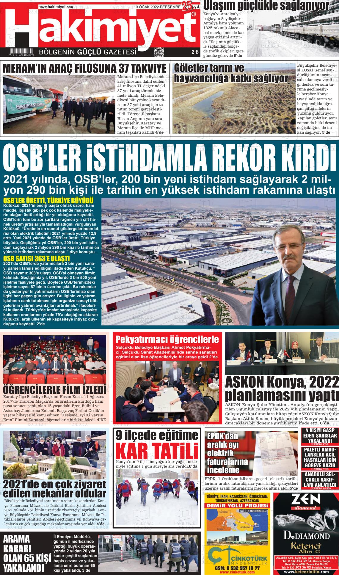 13 Ocak 2022 Konya Hakimiyet Gazete Manşeti