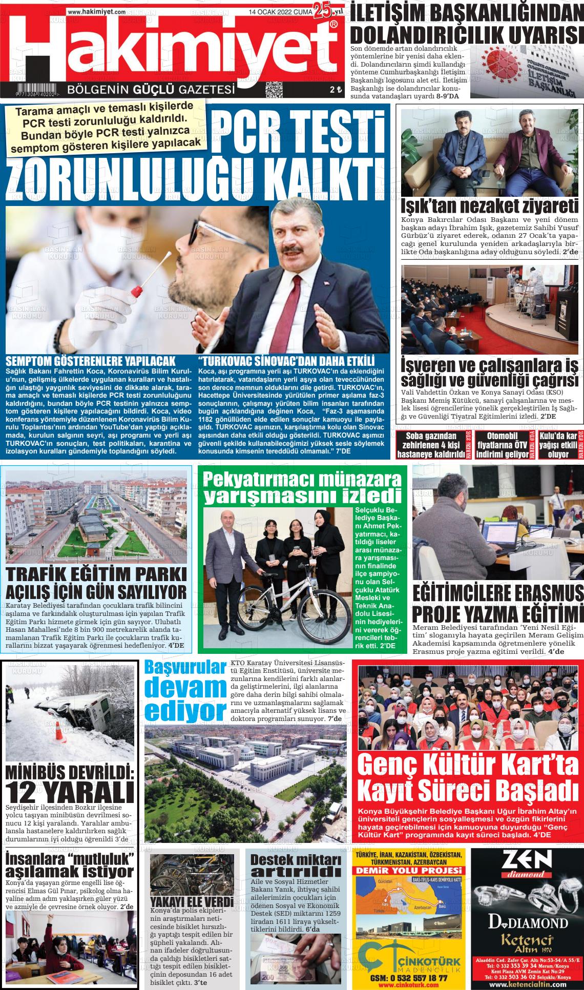 14 Ocak 2022 Konya Hakimiyet Gazete Manşeti