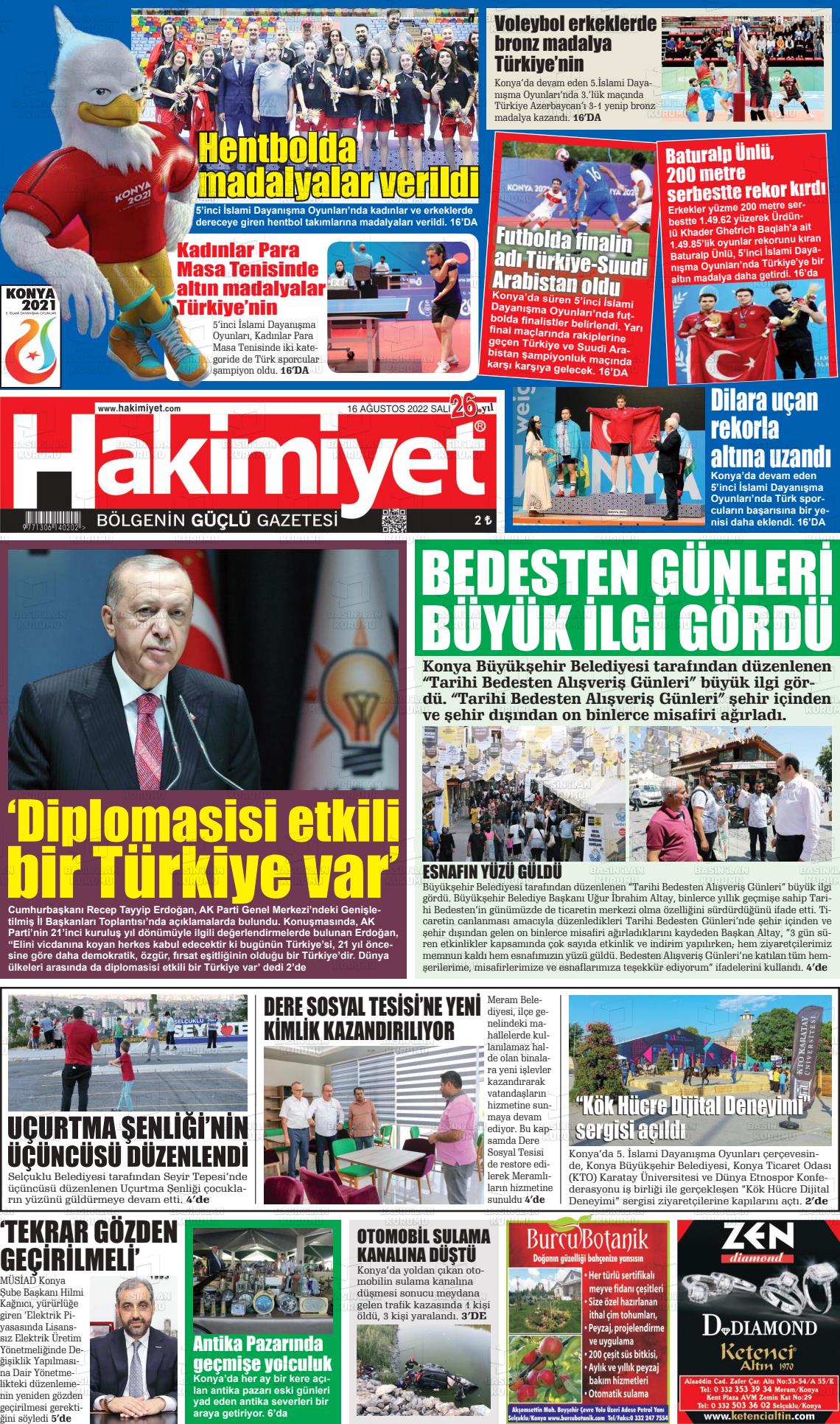 16 Ağustos 2022 Konya Hakimiyet Gazete Manşeti