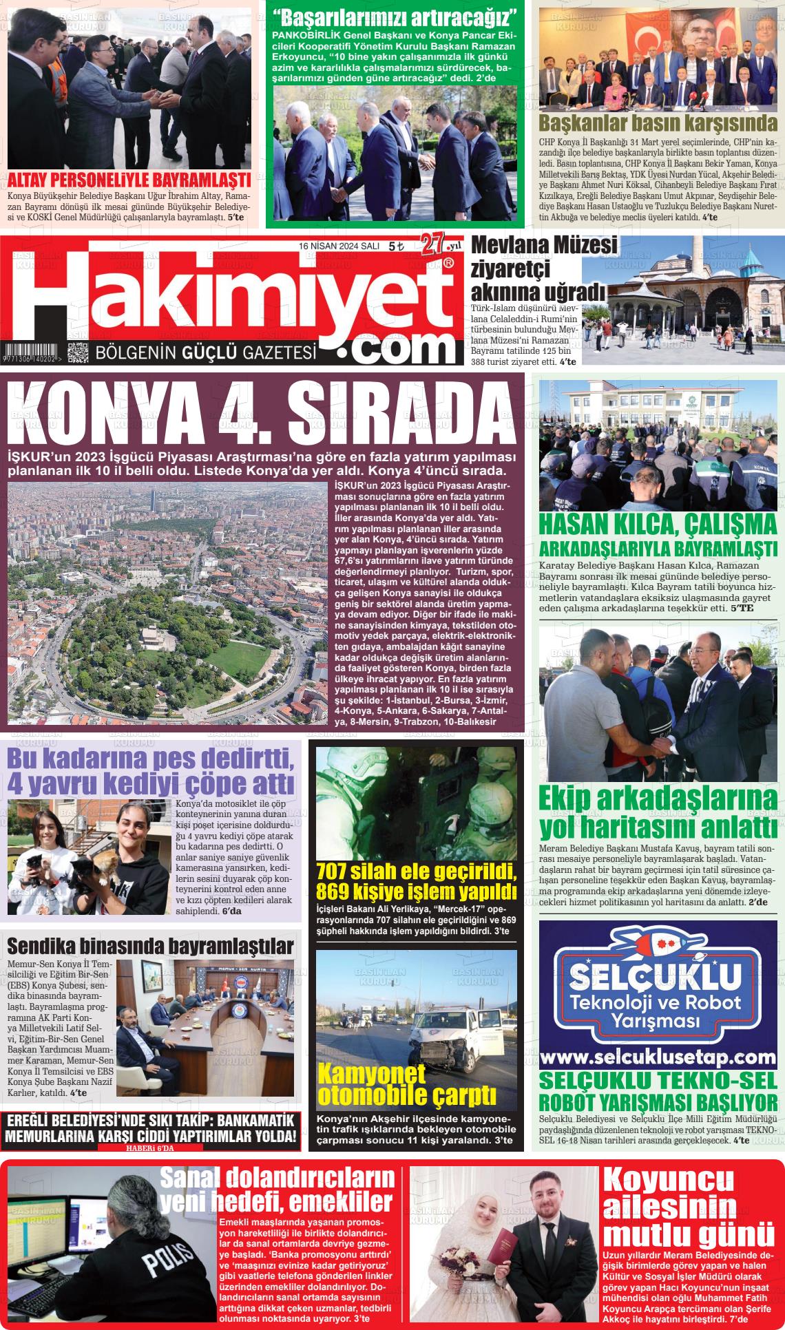 18 Nisan 2024 Konya Hakimiyet Gazete Manşeti
