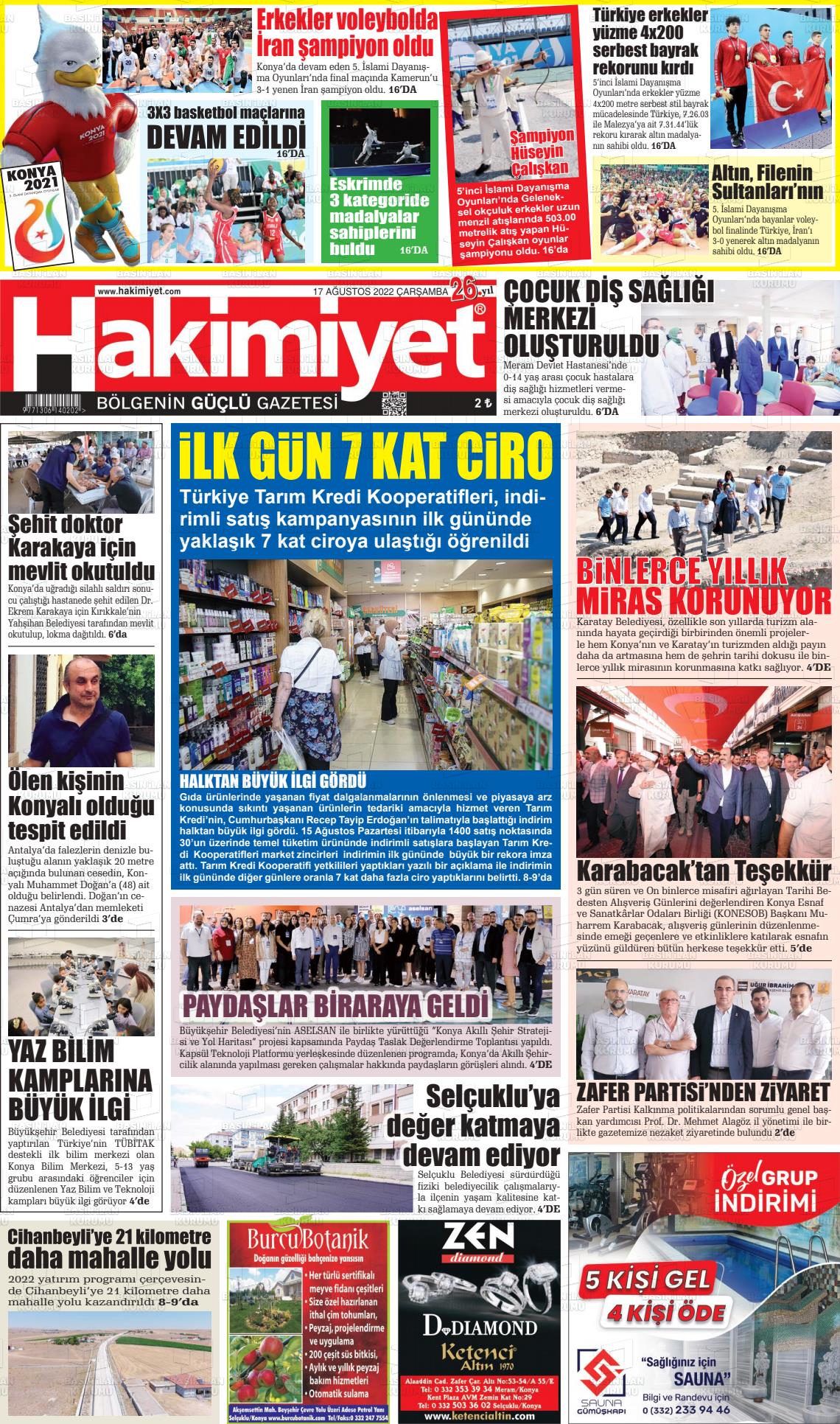 17 Ağustos 2022 Konya Hakimiyet Gazete Manşeti