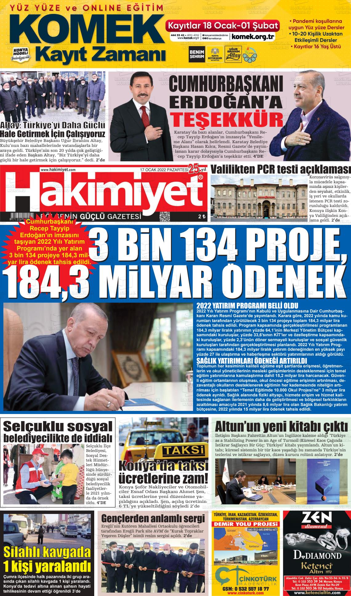 17 Ocak 2022 Konya Hakimiyet Gazete Manşeti
