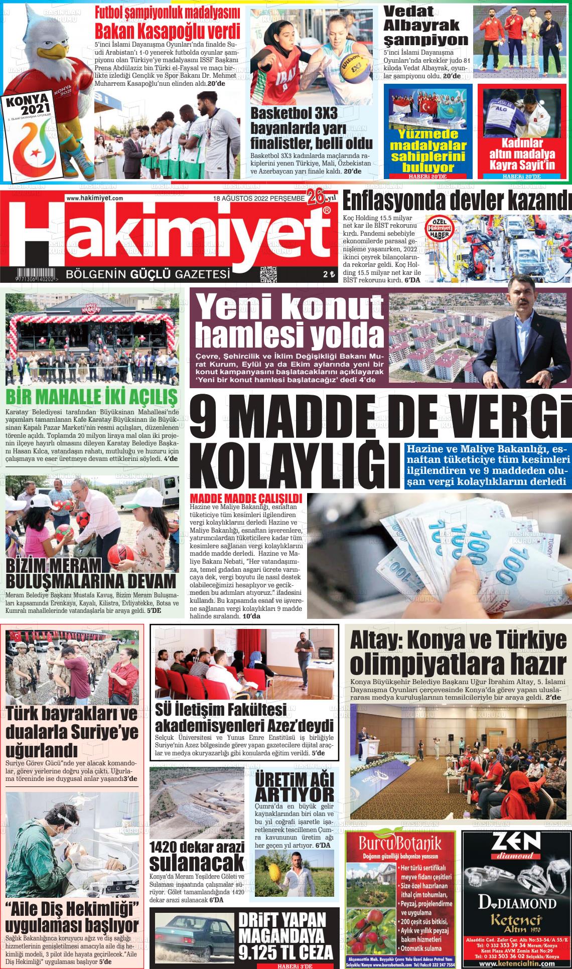 18 Ağustos 2022 Konya Hakimiyet Gazete Manşeti