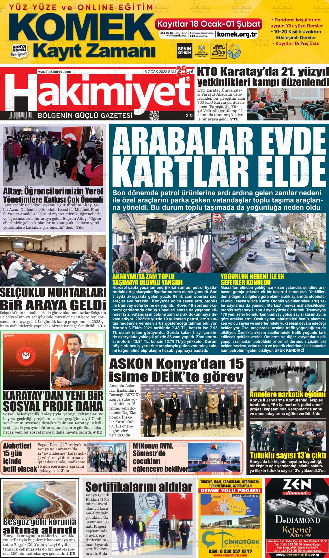 18 Ocak 2022 Konya Hakimiyet Gazete Manşeti