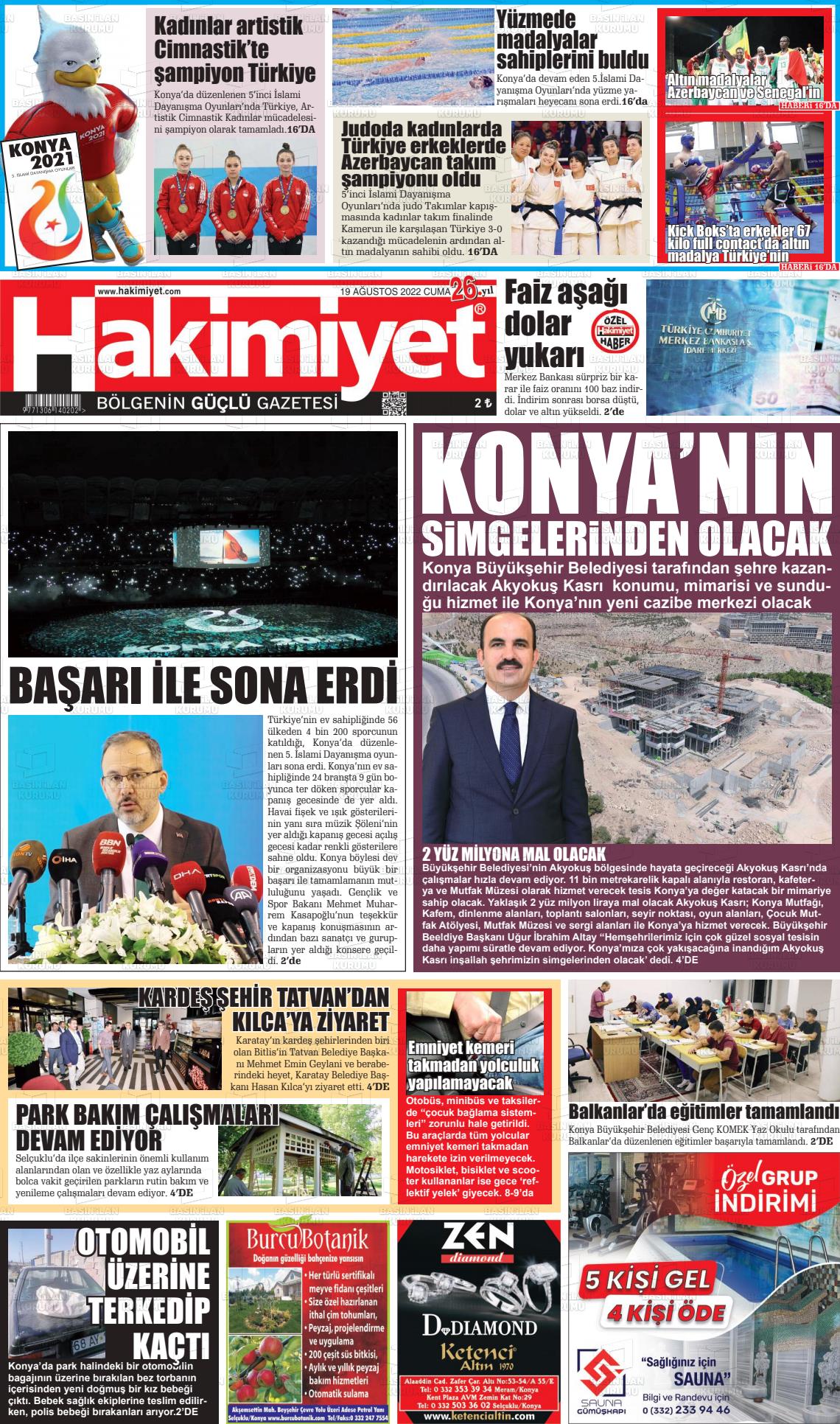 19 Ağustos 2022 Konya Hakimiyet Gazete Manşeti