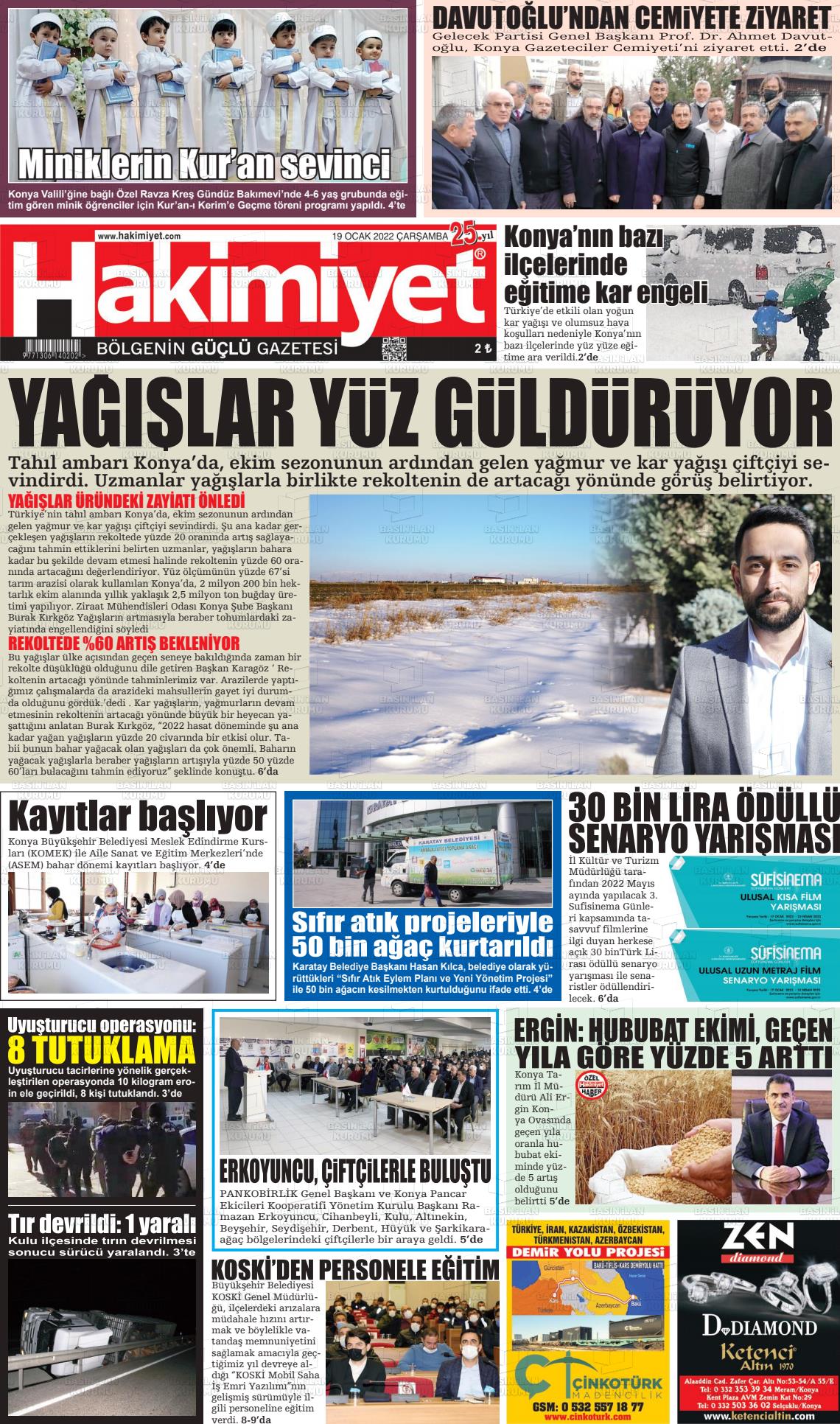 19 Ocak 2022 Konya Hakimiyet Gazete Manşeti