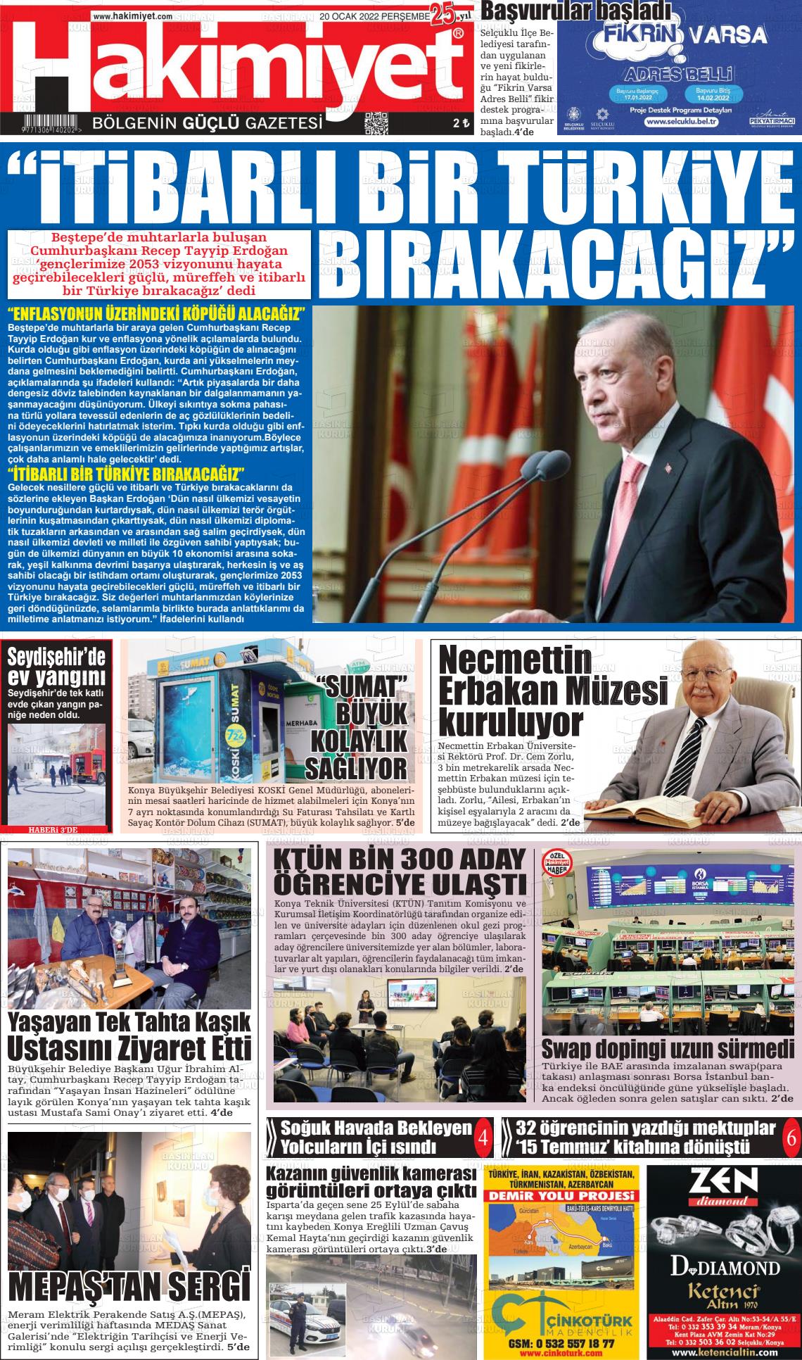 20 Ocak 2022 Konya Hakimiyet Gazete Manşeti