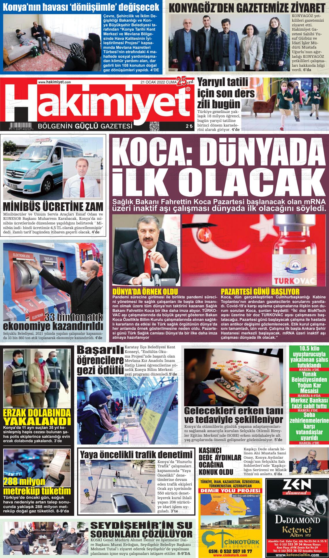 21 Ocak 2022 Konya Hakimiyet Gazete Manşeti
