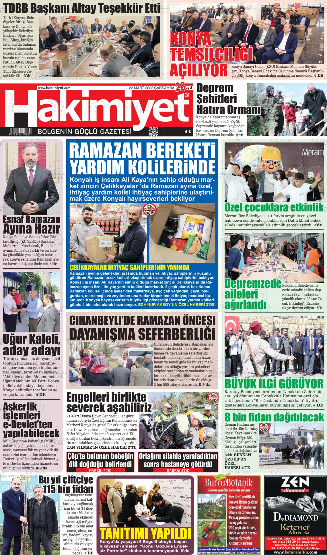 22 Mart 2023 Konya Hakimiyet Gazete Manşeti