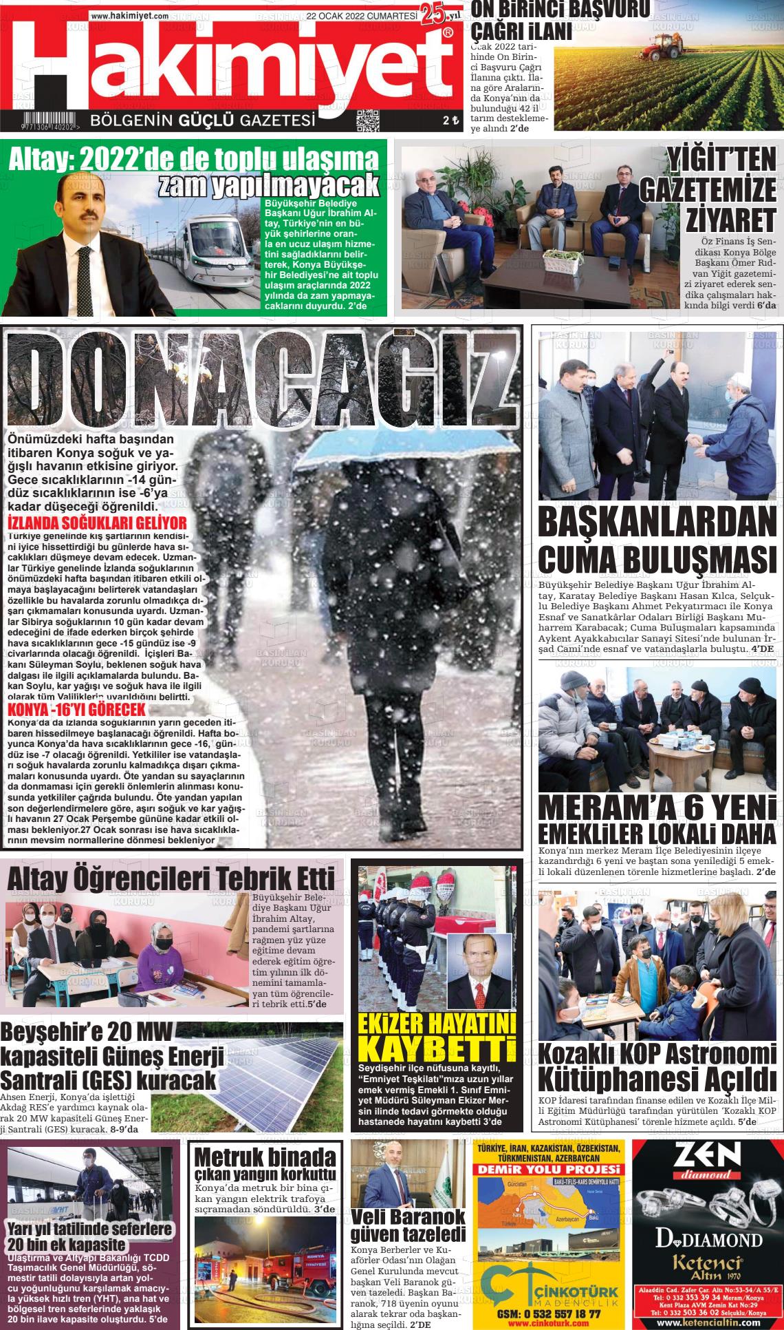 22 Ocak 2022 Konya Hakimiyet Gazete Manşeti