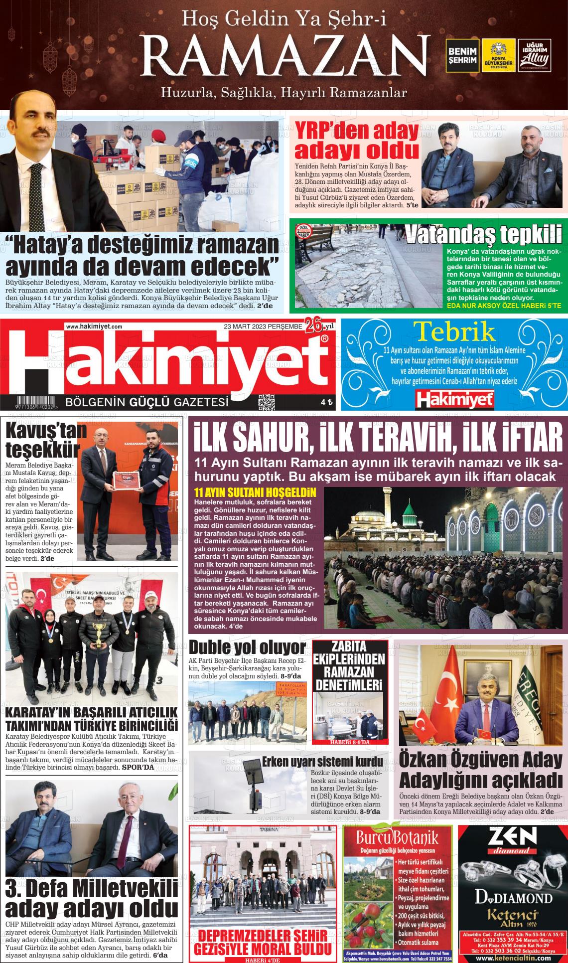 23 Mart 2023 Konya Hakimiyet Gazete Manşeti