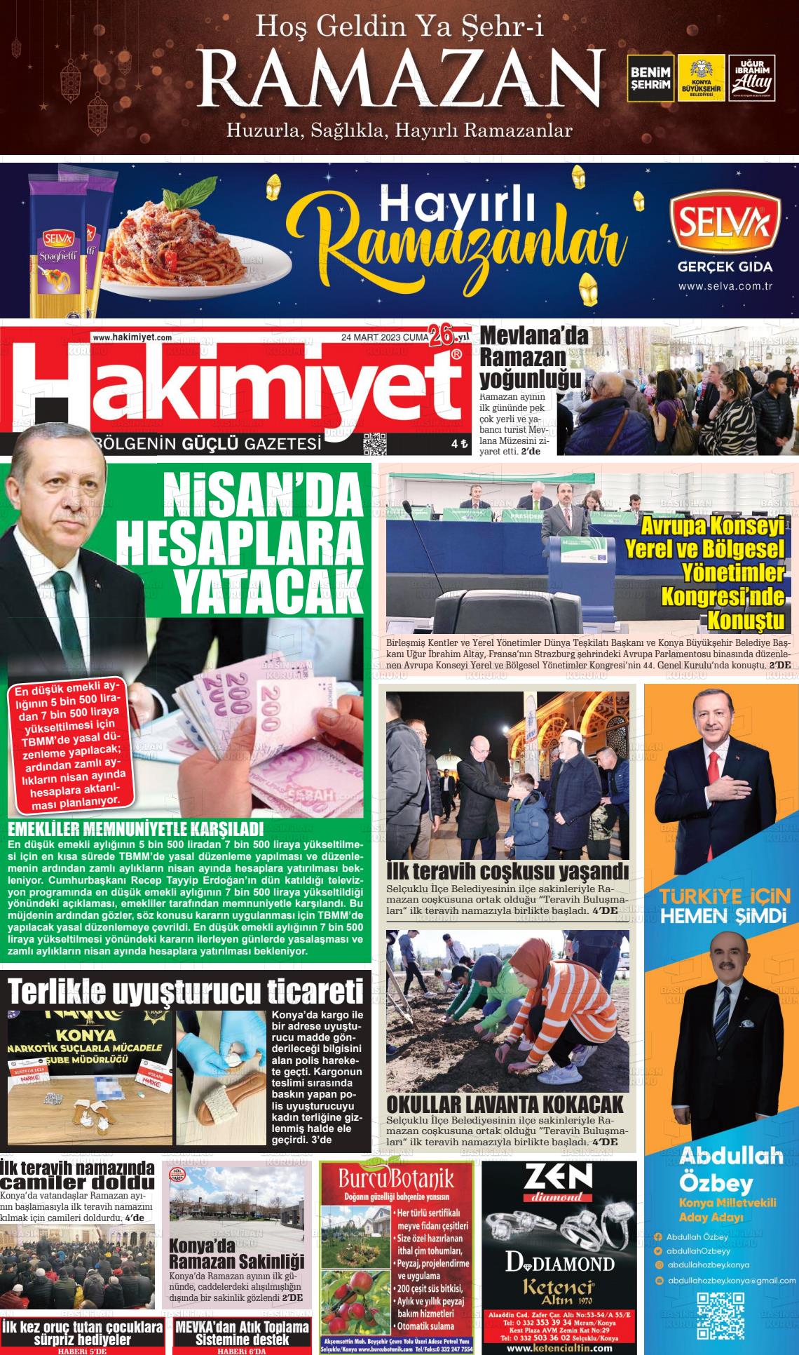 24 Mart 2023 Konya Hakimiyet Gazete Manşeti