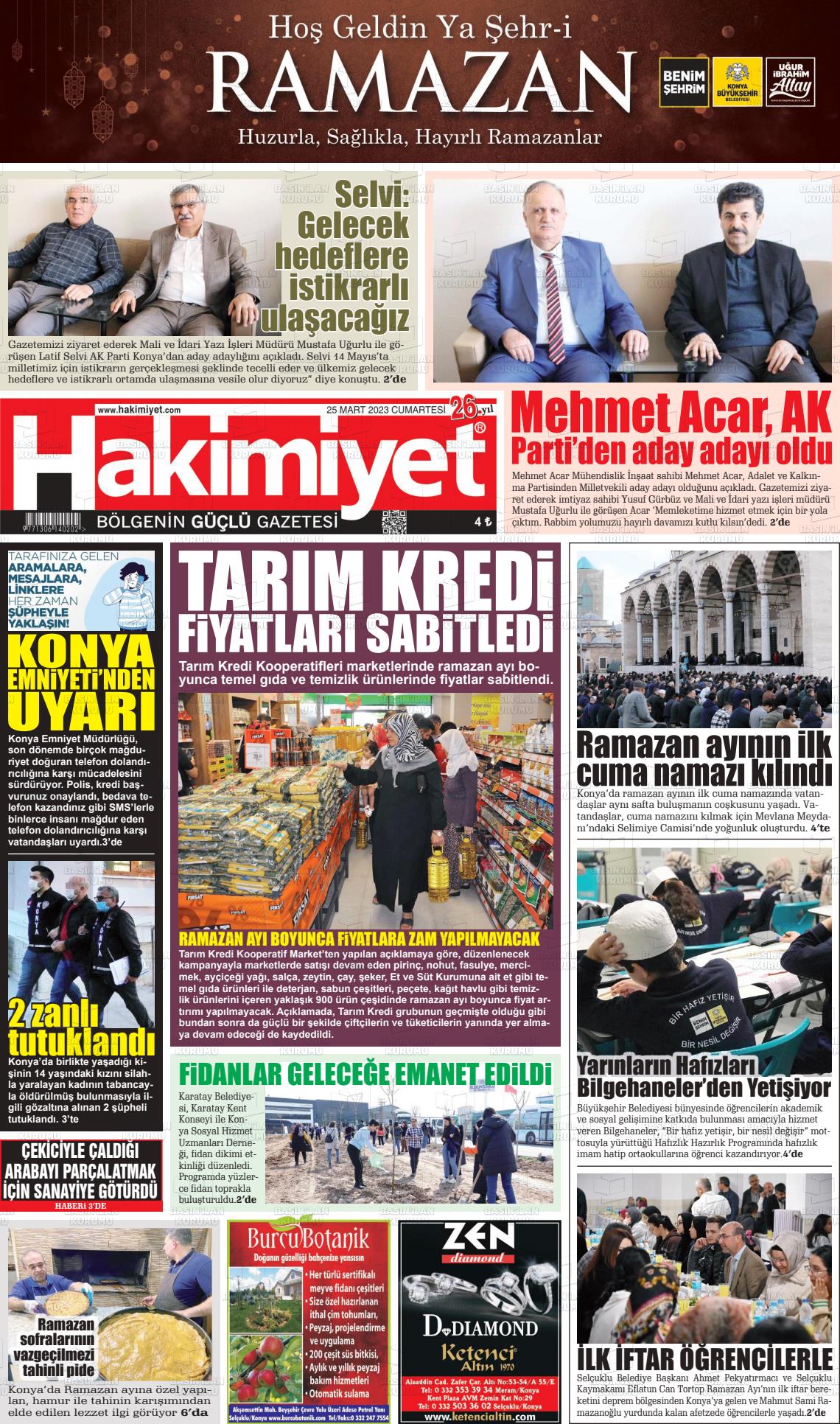 25 Mart 2023 Konya Hakimiyet Gazete Manşeti
