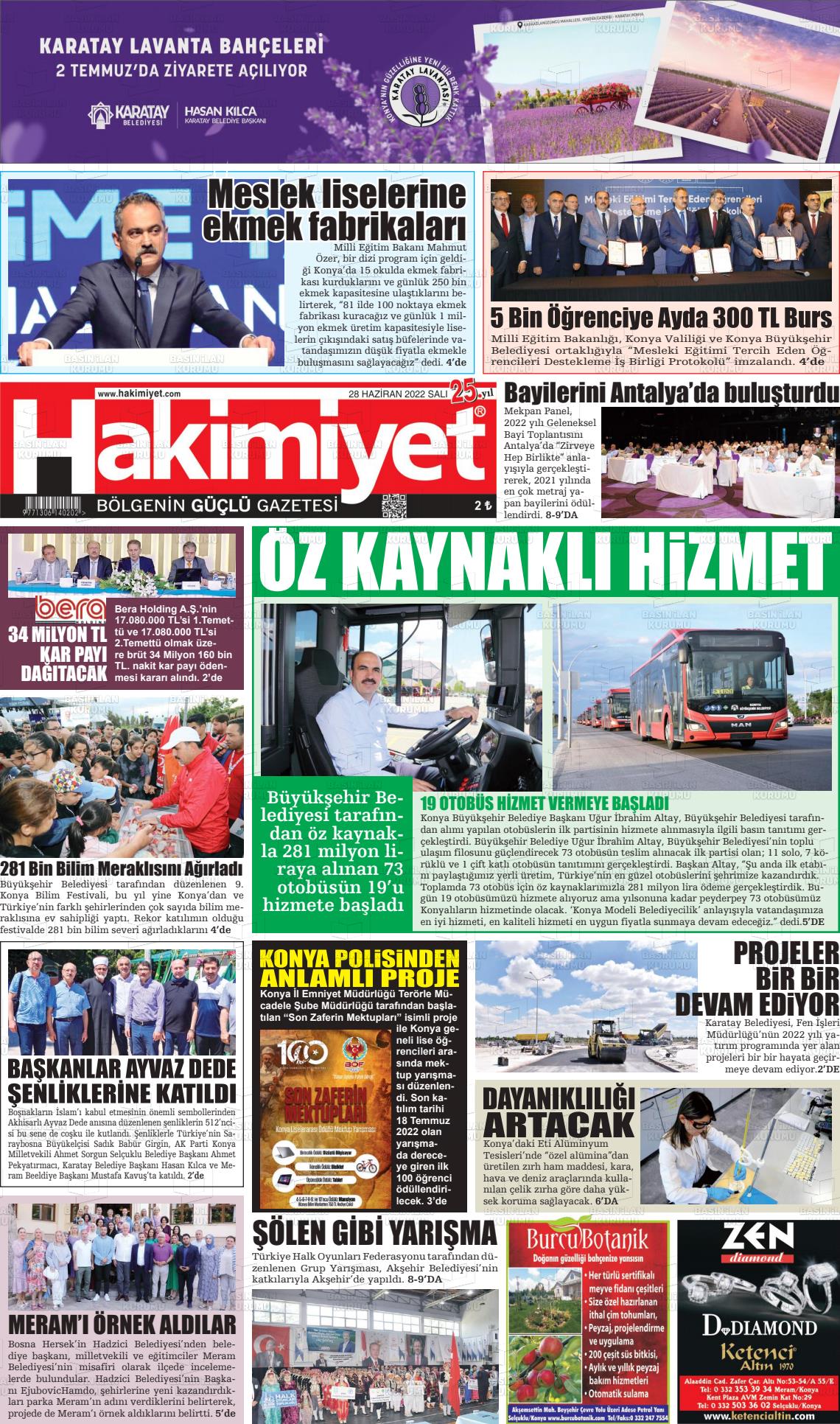 28 Haziran 2022 Konya Hakimiyet Gazete Manşeti