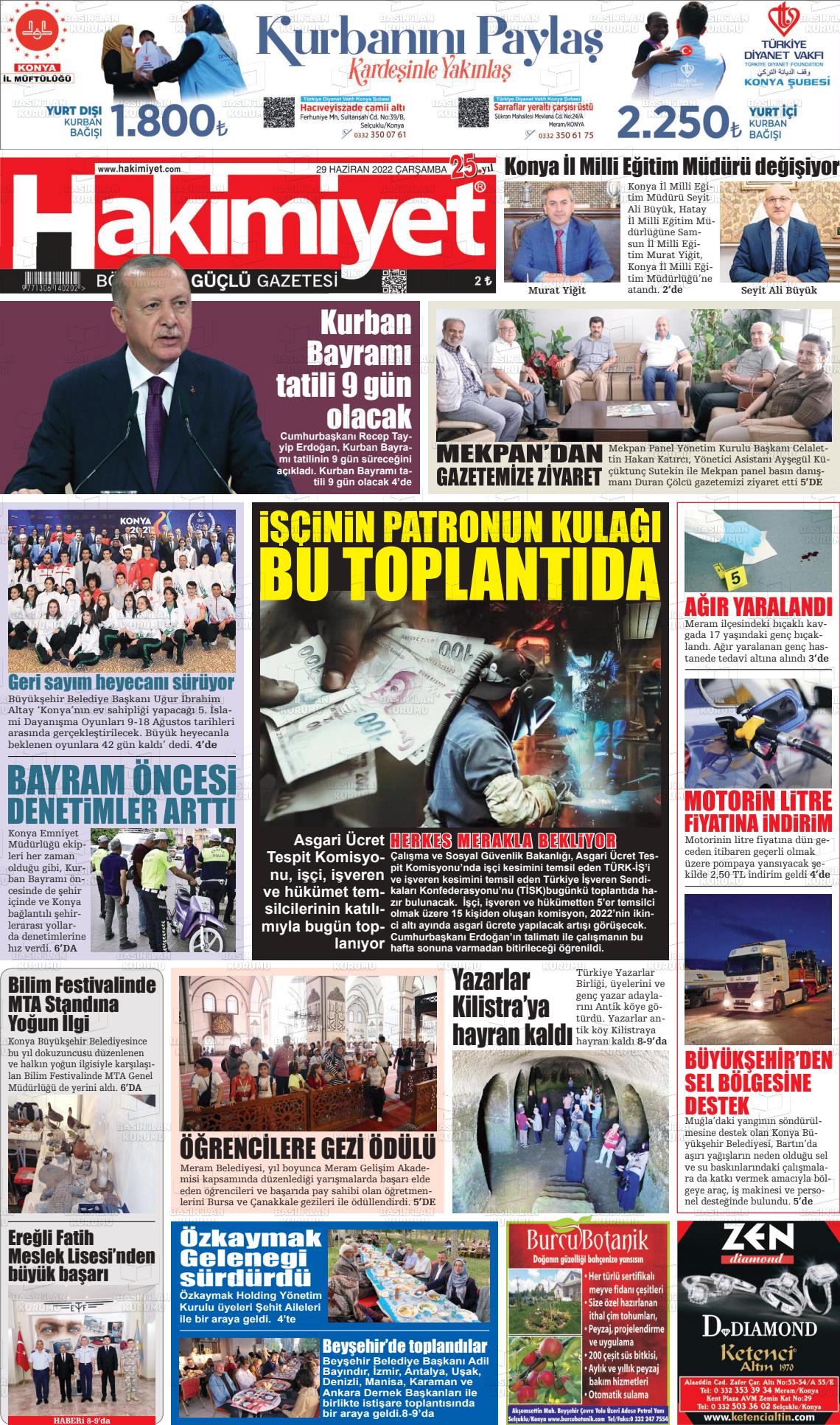 29 Haziran 2022 Konya Hakimiyet Gazete Manşeti