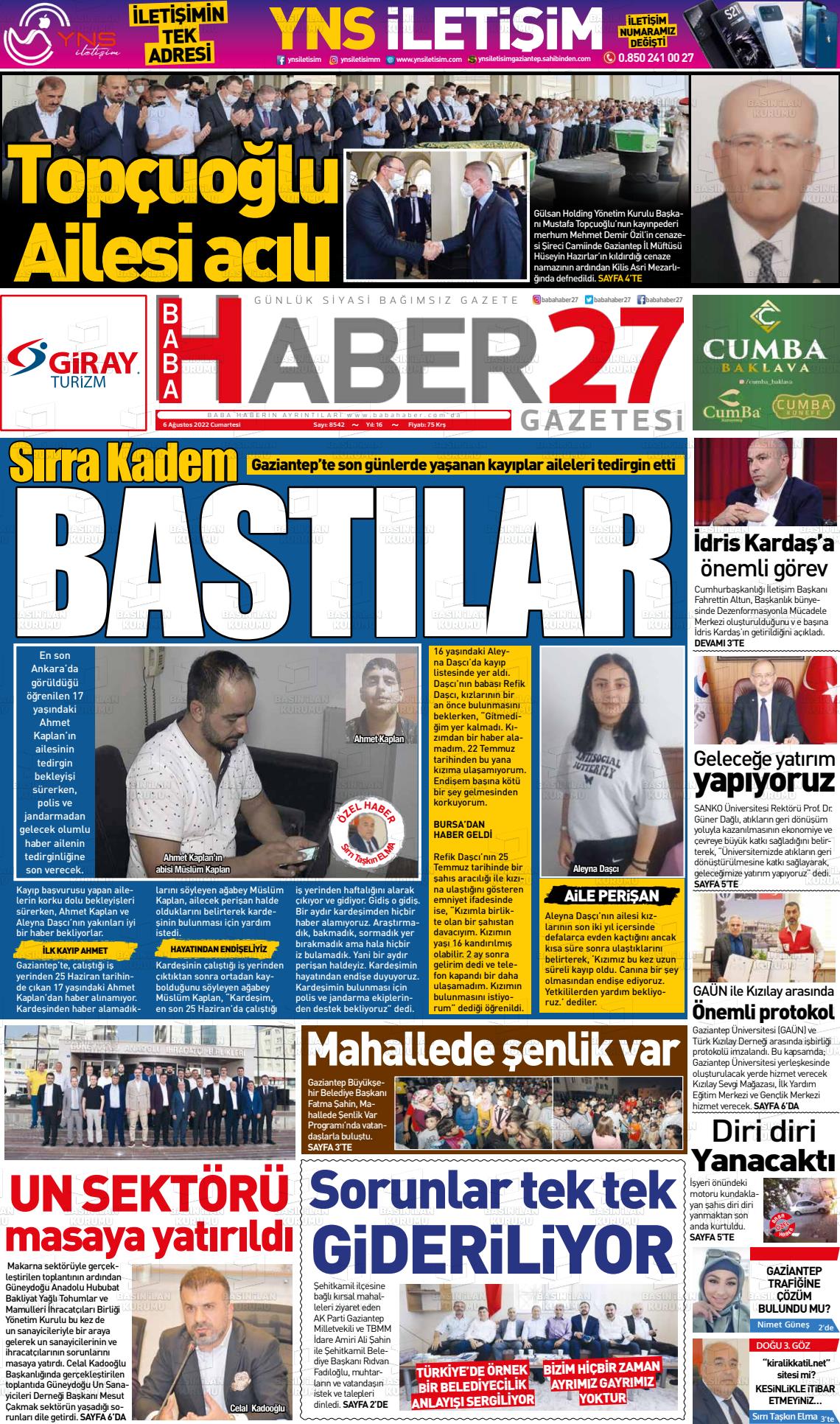 06 Ağustos 2022 Gaziantep Hakimiyet Gazete Manşeti