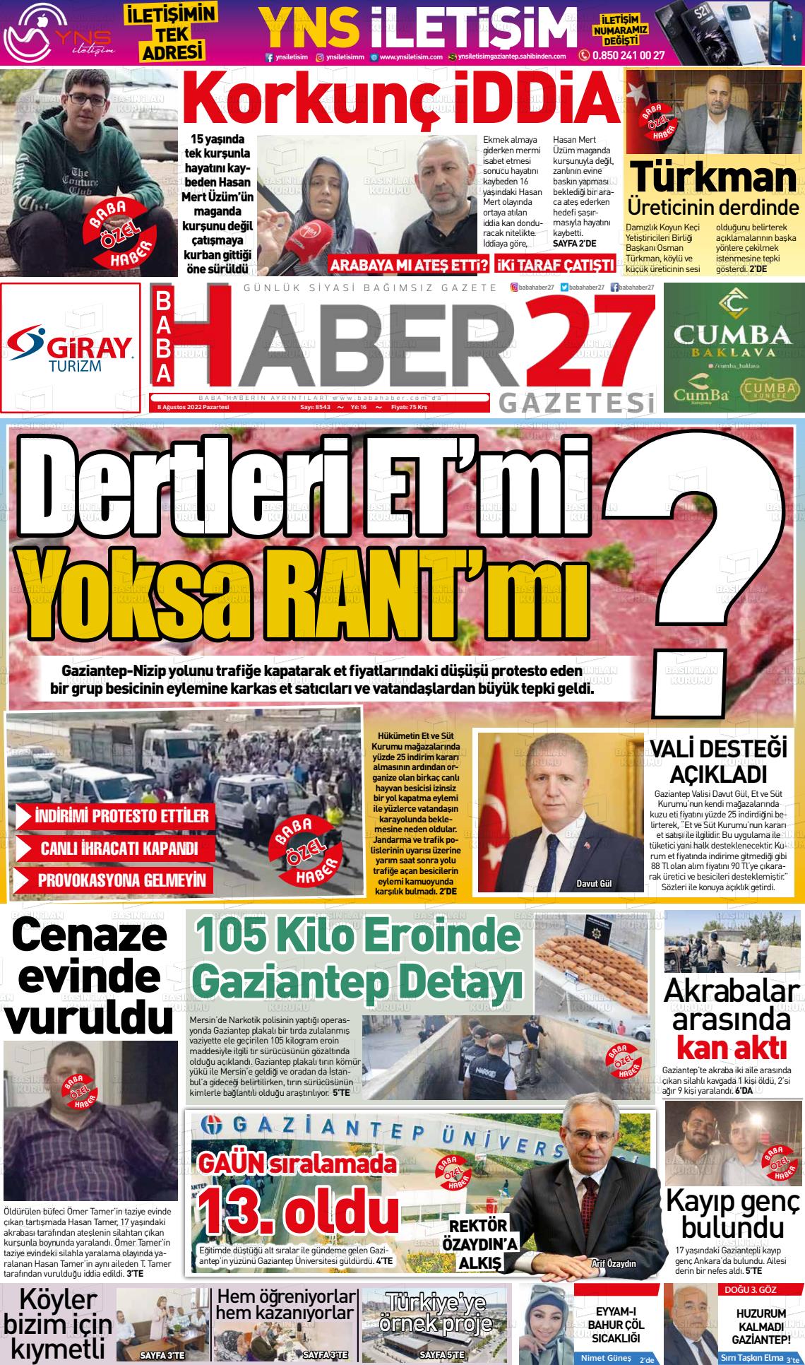 08 Ağustos 2022 Gaziantep Hakimiyet Gazete Manşeti