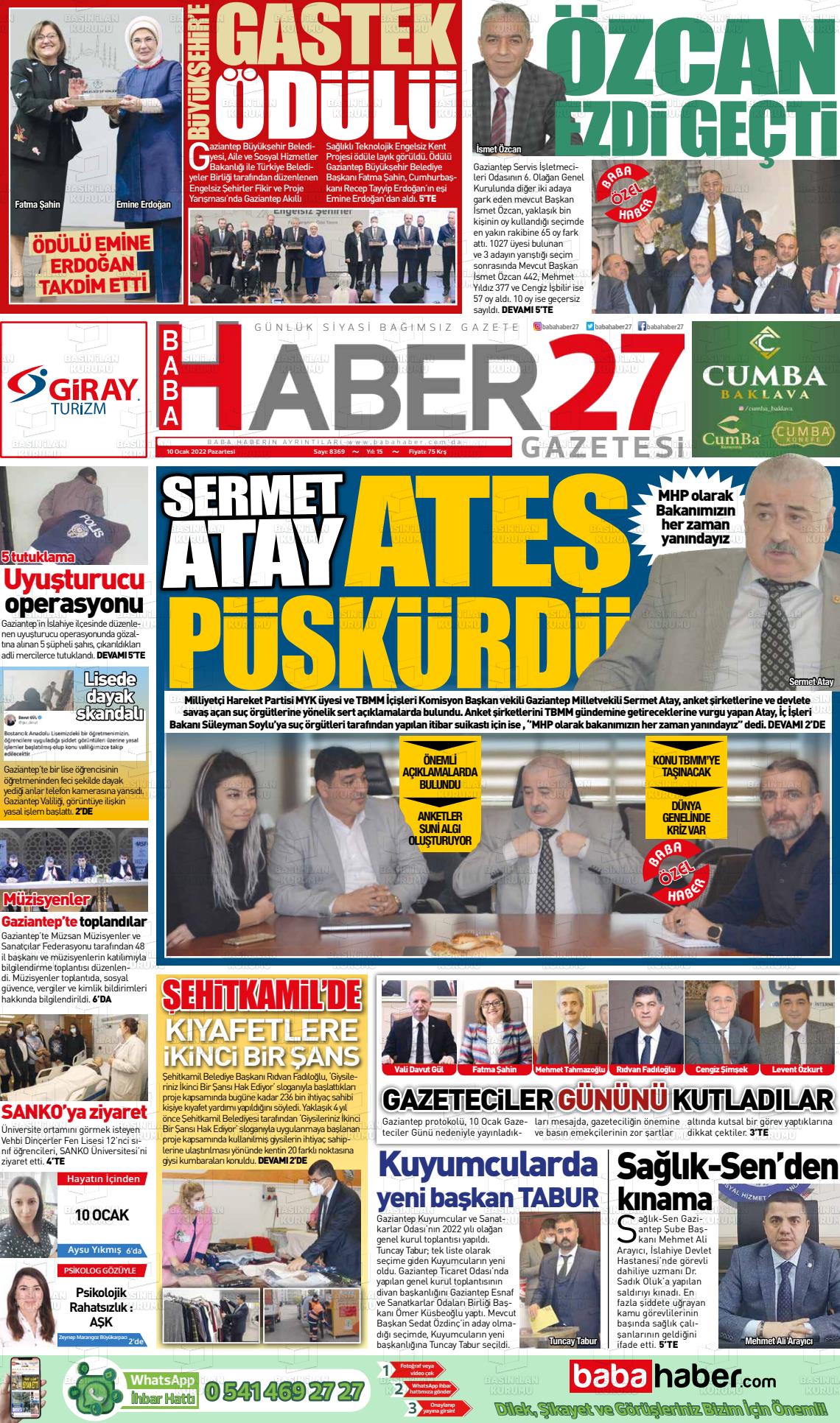 10 Ocak 2022 Gaziantep Hakimiyet Gazete Manşeti