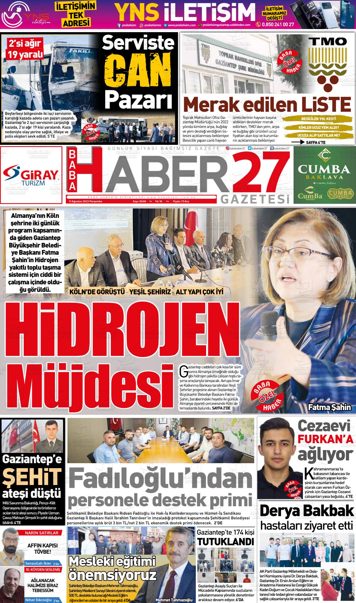 11 Ağustos 2022 Gaziantep Hakimiyet Gazete Manşeti