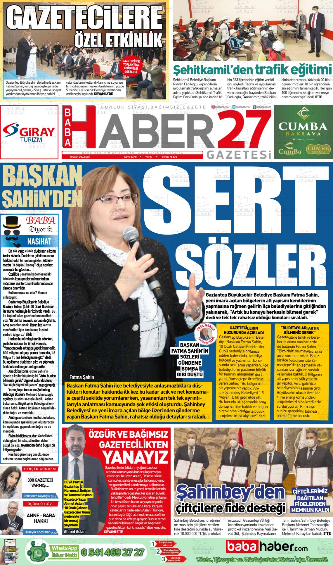 11 Ocak 2022 Gaziantep Hakimiyet Gazete Manşeti