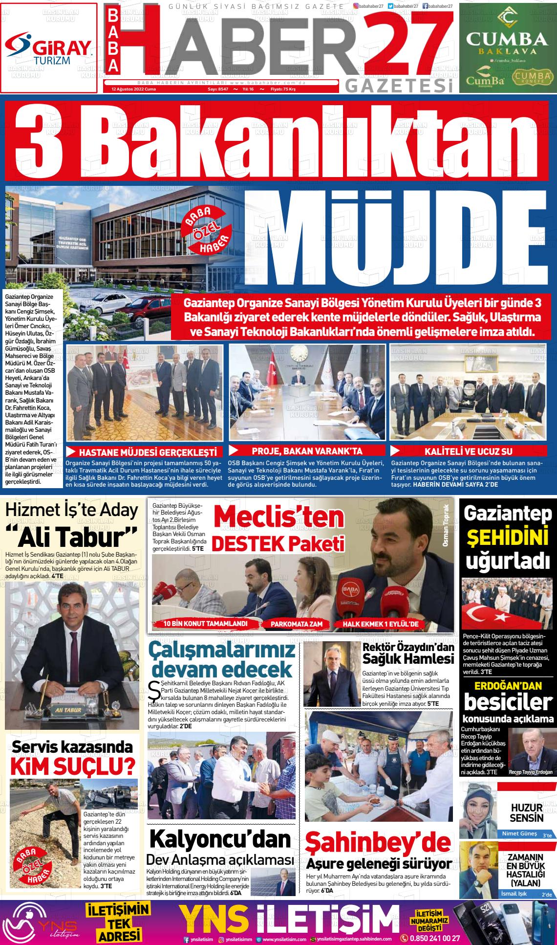 12 Ağustos 2022 Gaziantep Hakimiyet Gazete Manşeti