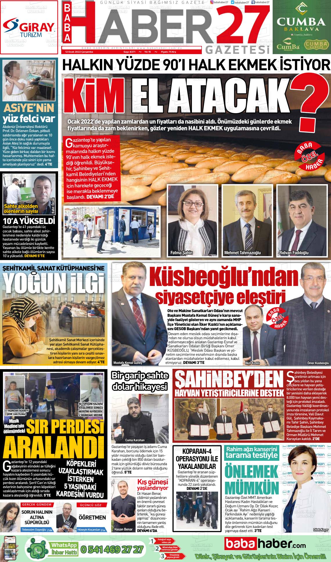 12 Ocak 2022 Gaziantep Hakimiyet Gazete Manşeti