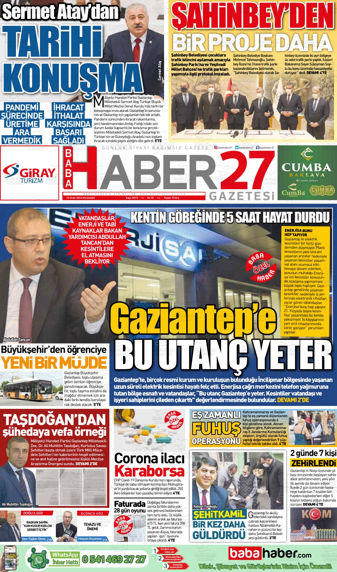 13 Ocak 2022 Gaziantep Hakimiyet Gazete Manşeti