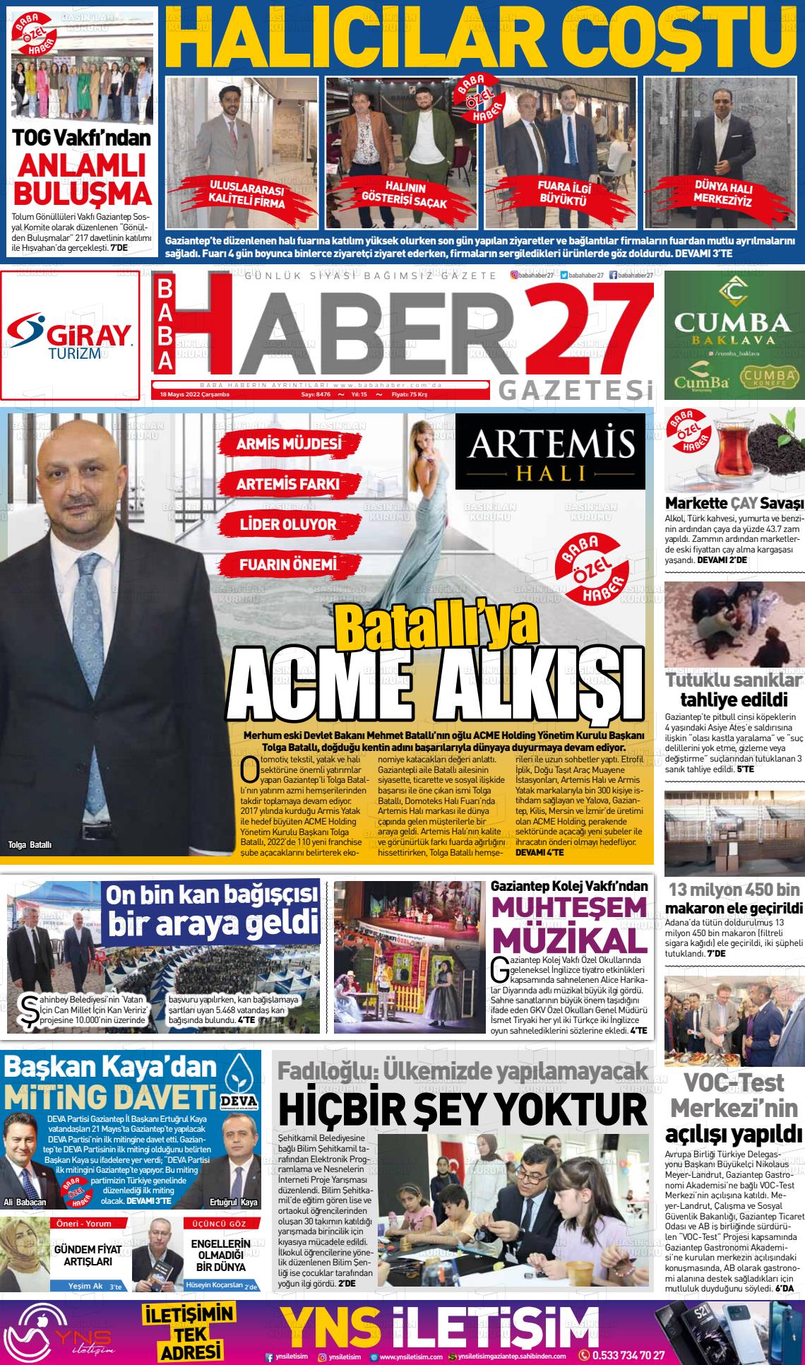 18 Mayıs 2022 Gaziantep Hakimiyet Gazete Manşeti