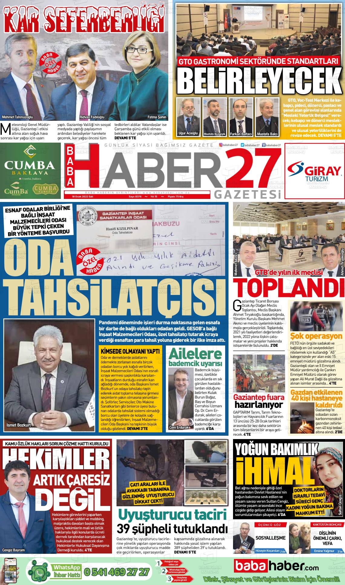 18 Ocak 2022 Gaziantep Hakimiyet Gazete Manşeti
