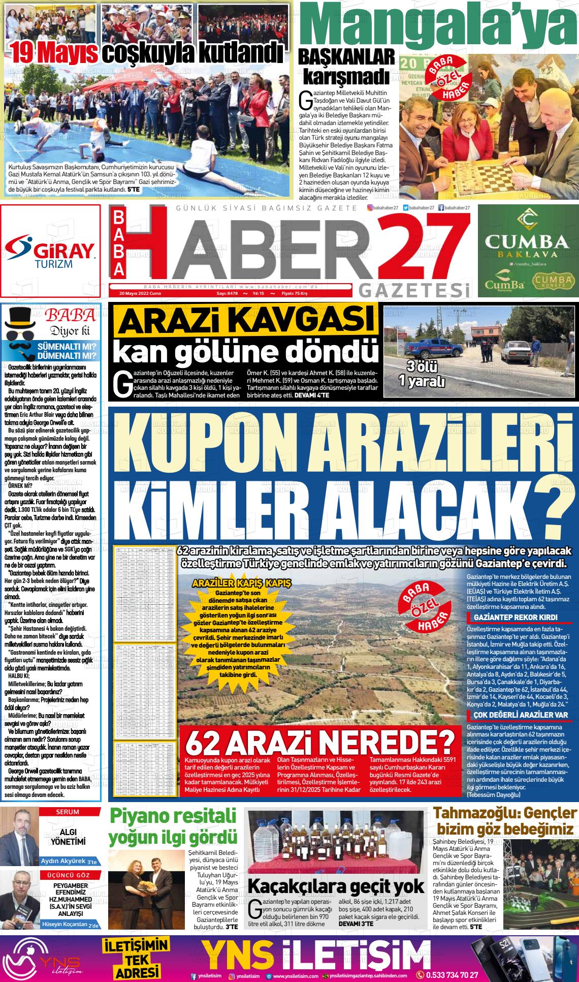 20 Mayıs 2022 Gaziantep Hakimiyet Gazete Manşeti