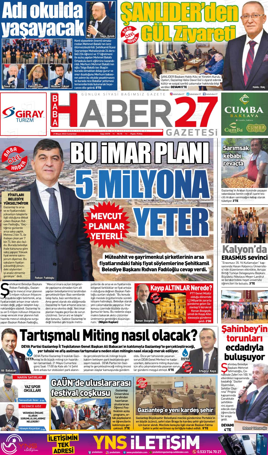 21 Mayıs 2022 Gaziantep Hakimiyet Gazete Manşeti