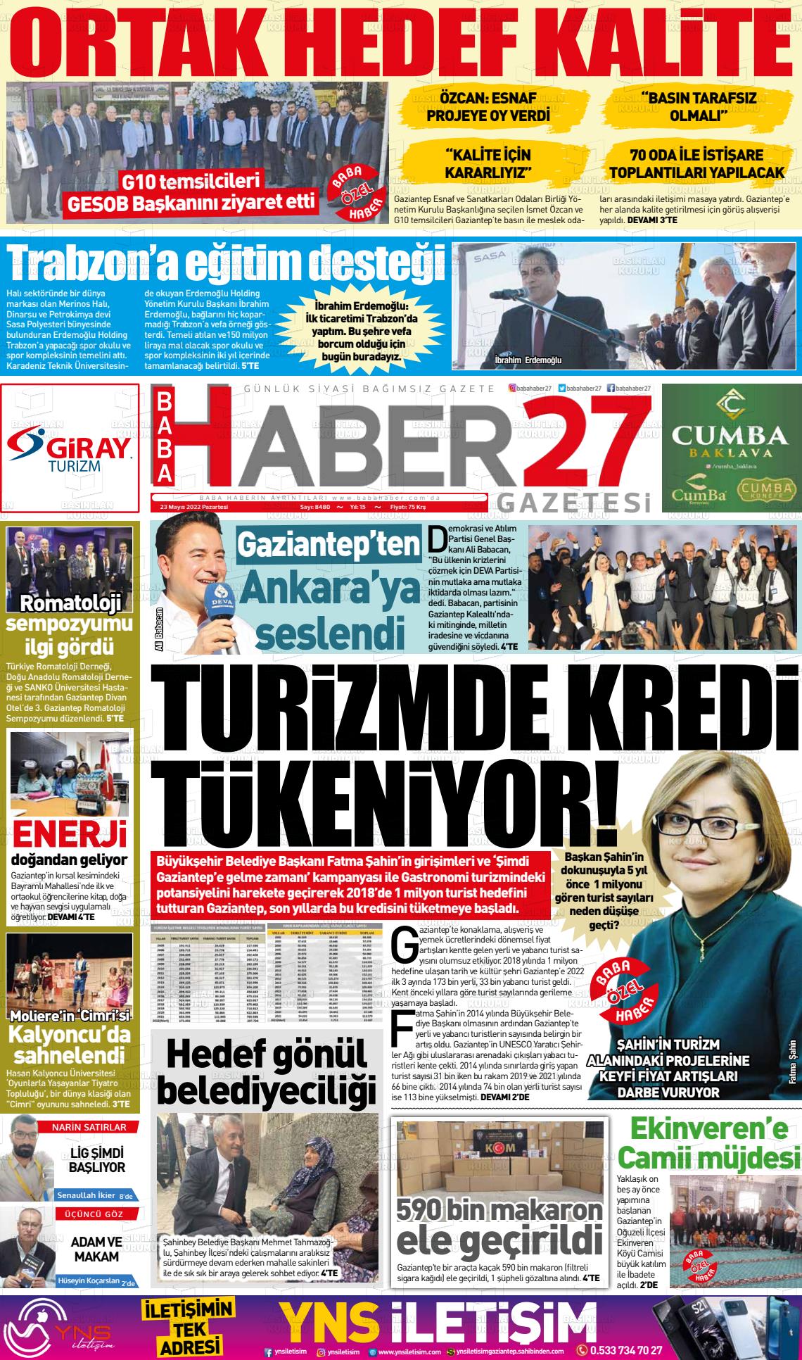 23 Mayıs 2022 Gaziantep Hakimiyet Gazete Manşeti