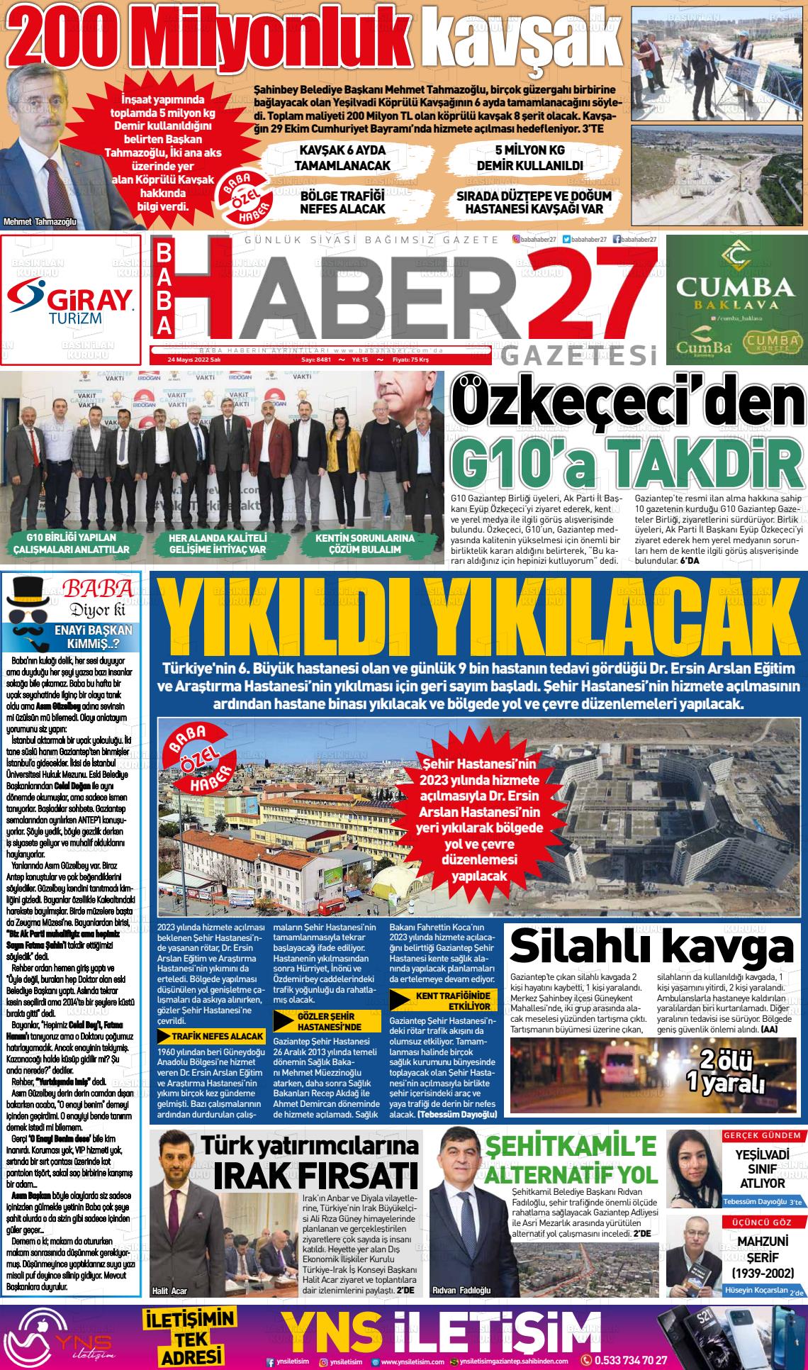 24 Mayıs 2022 Gaziantep Hakimiyet Gazete Manşeti