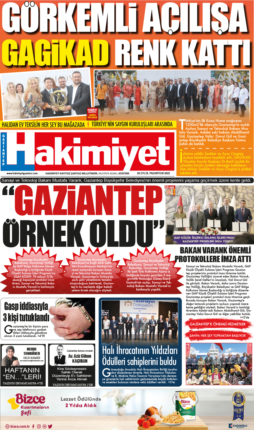 26 Eylül 2022 Gaziantep Hakimiyet Gazete Manşeti