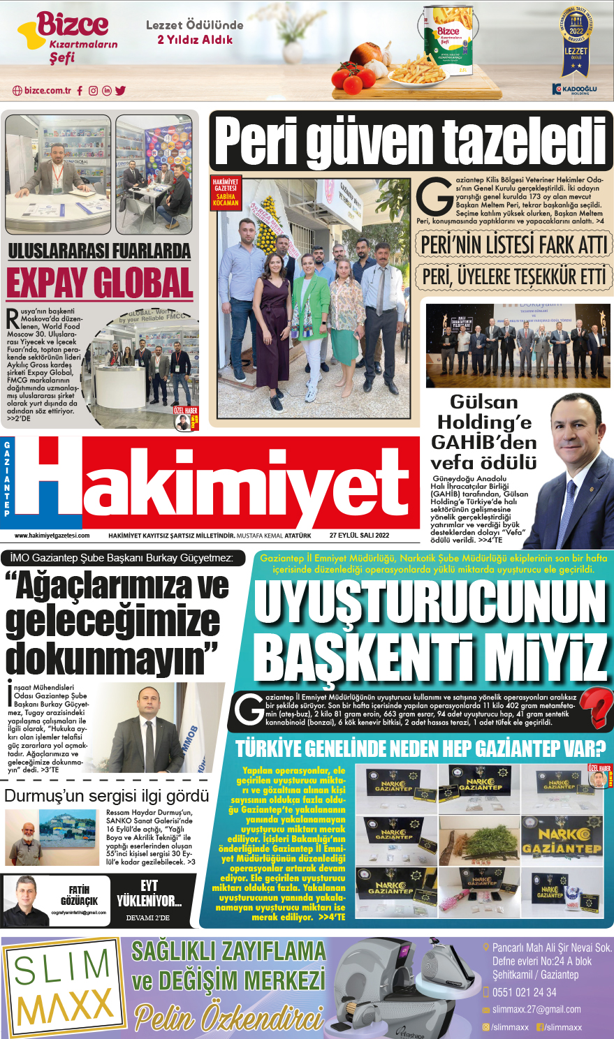 27 Eylül 2022 Gaziantep Hakimiyet Gazete Manşeti