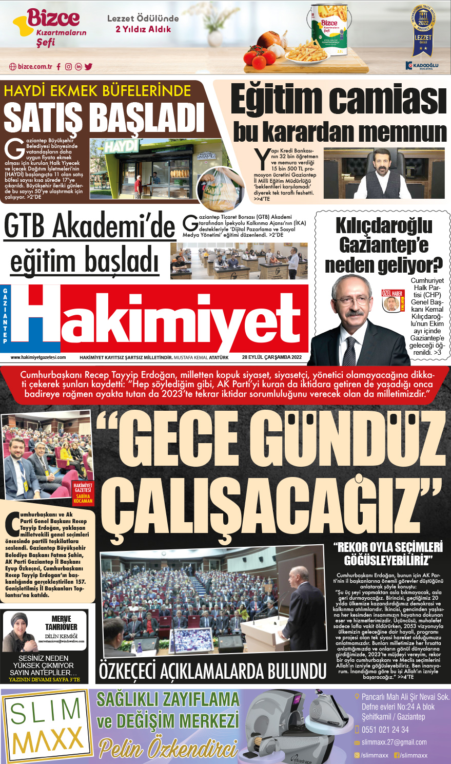 28 Eylül 2022 Gaziantep Hakimiyet Gazete Manşeti