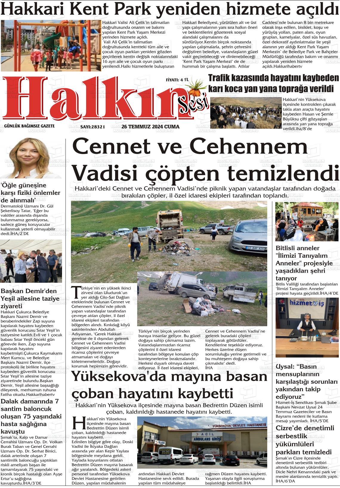 26 Temmuz 2024 Hakkari Halkın Sesi Gazete Manşeti