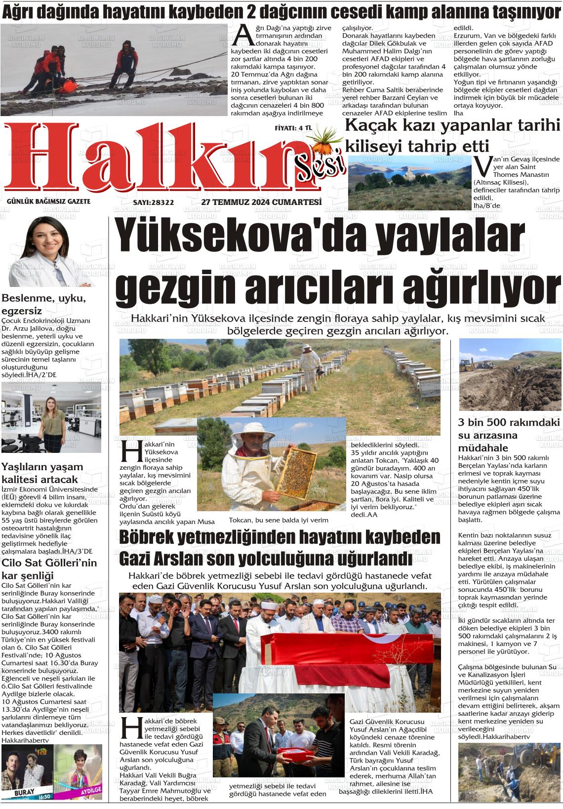 27 Temmuz 2024 Hakkari Halkın Sesi Gazete Manşeti