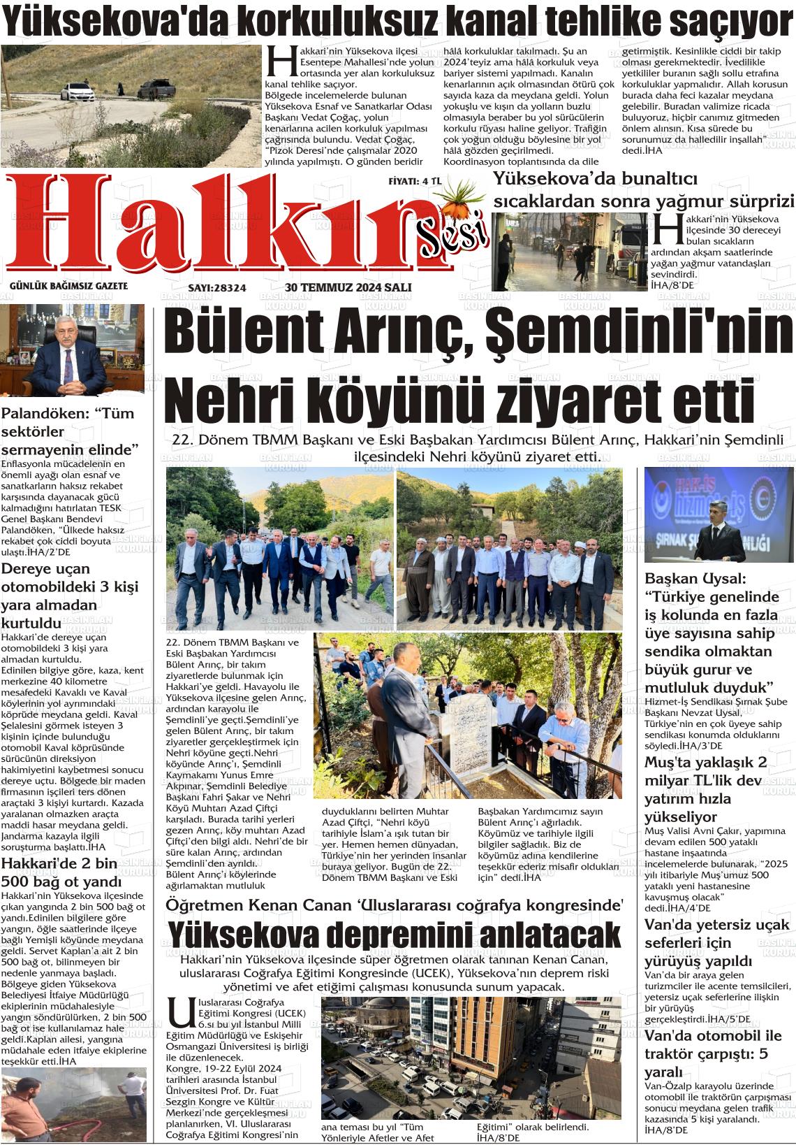 30 Temmuz 2024 Hakkari Halkın Sesi Gazete Manşeti