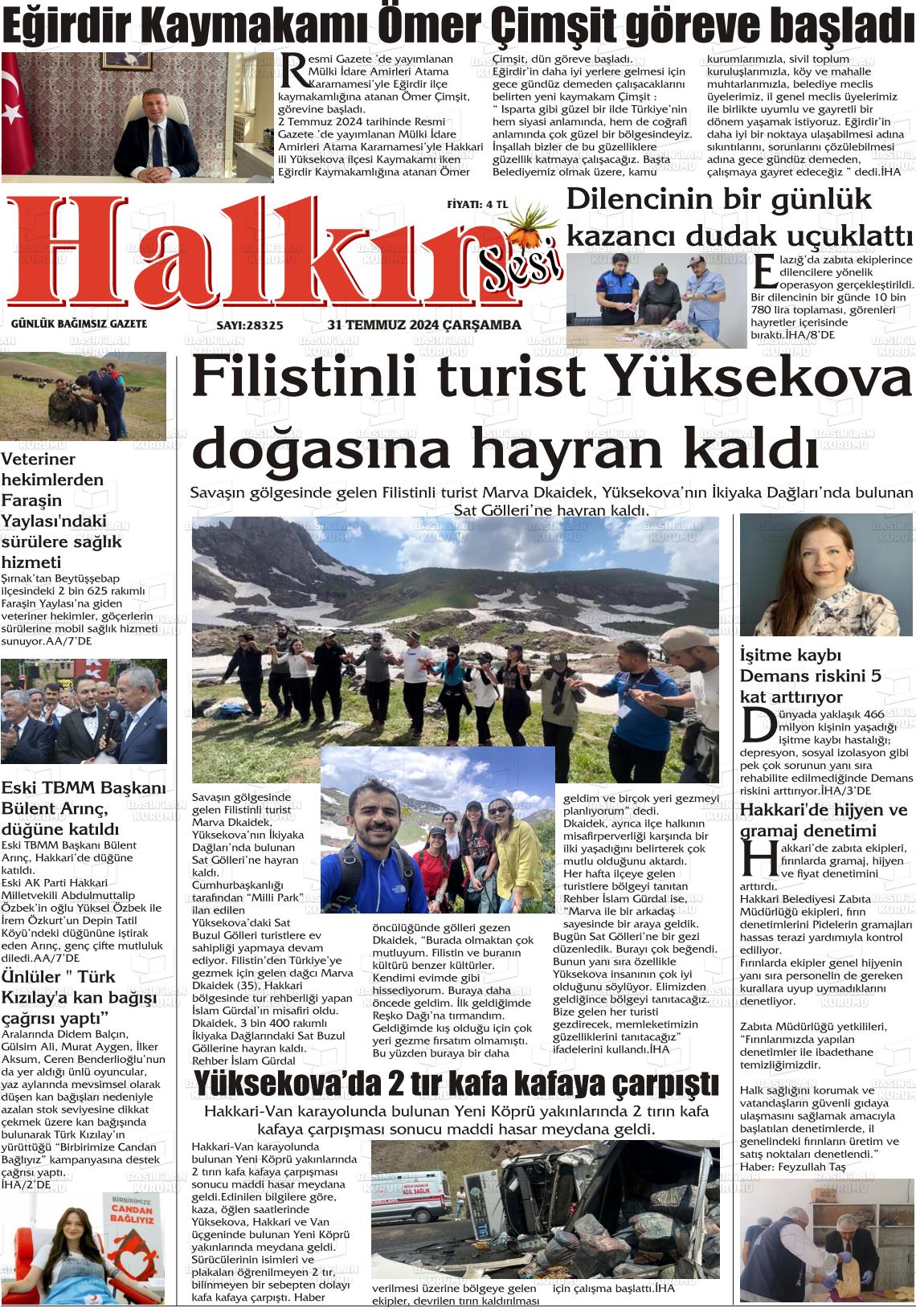 31 Temmuz 2024 Hakkari Halkın Sesi Gazete Manşeti