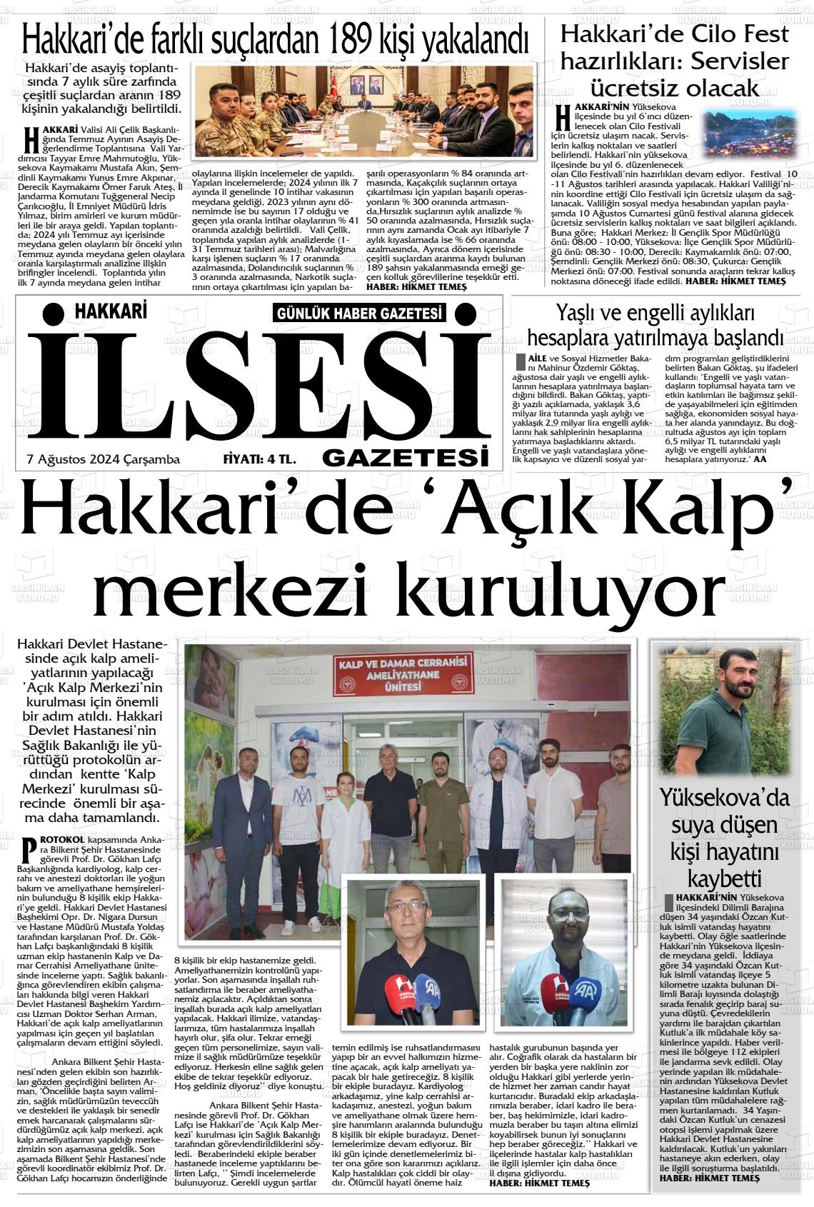 07 Ağustos 2024 Hakkari İl Sesi Gazete Manşeti