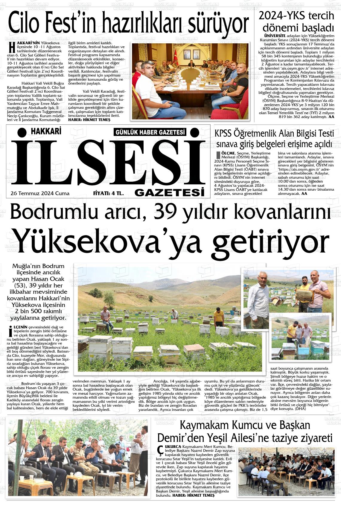 26 Temmuz 2024 Hakkari İl Sesi Gazete Manşeti